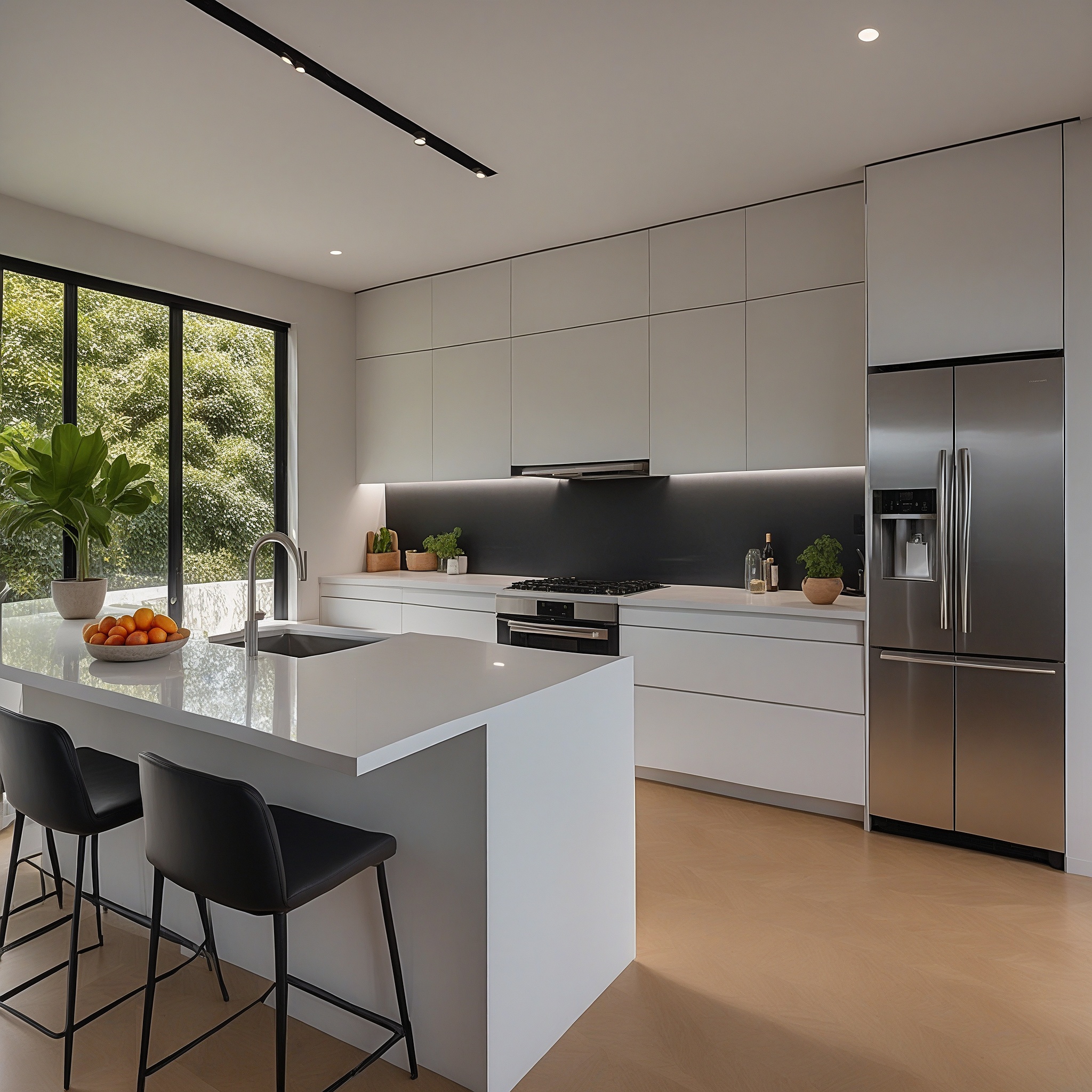 Minimalist Kitchen Layout with Flat-panel Cabinets, Solid Surface Countertops And Waterfall Edge Island