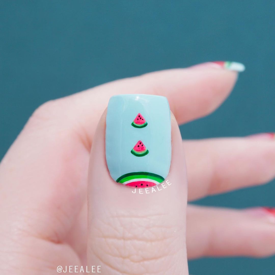 Mint Green Short Square Nail With Crescent And Watermelon Slices