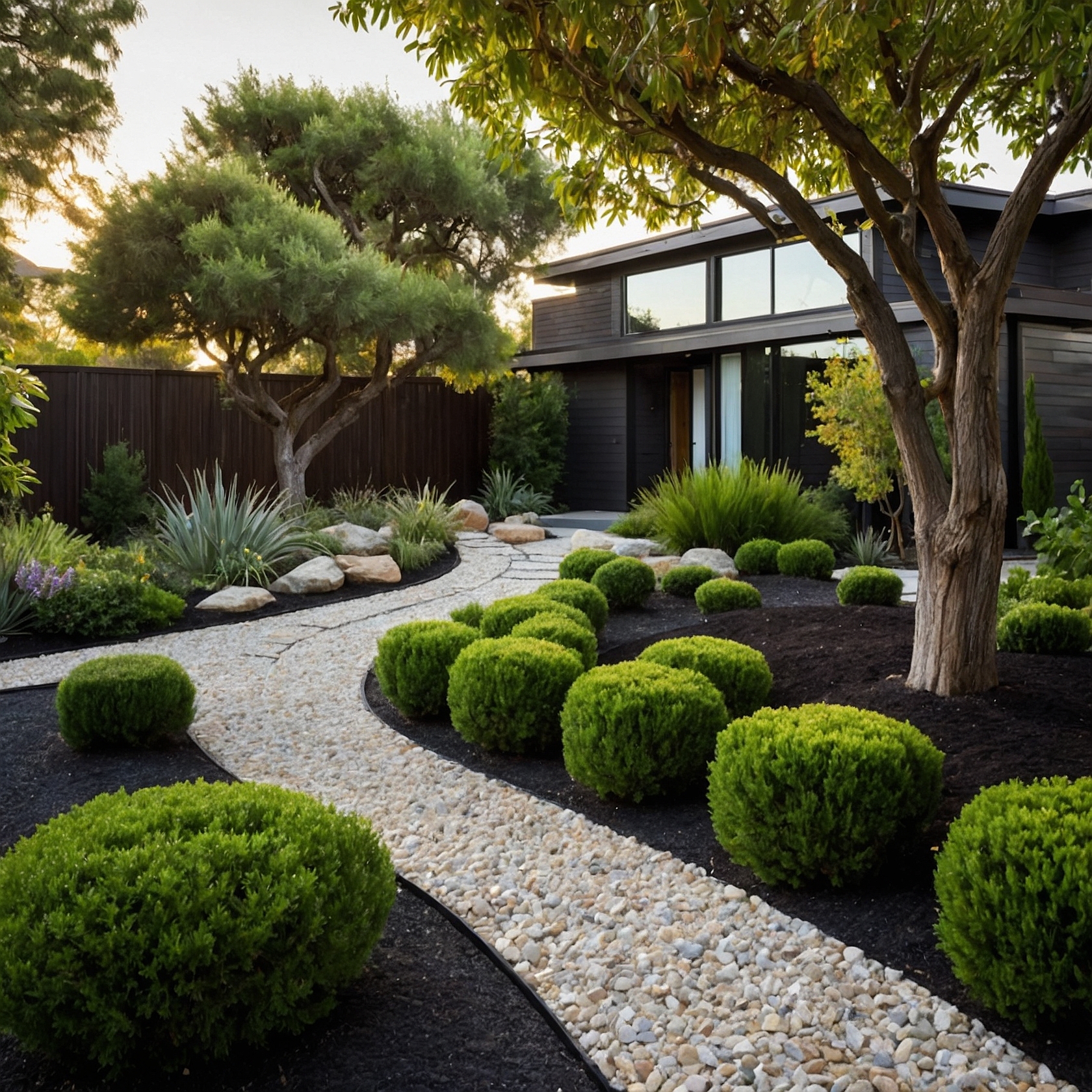 Modern Curving Patway With Shrubs And Trees