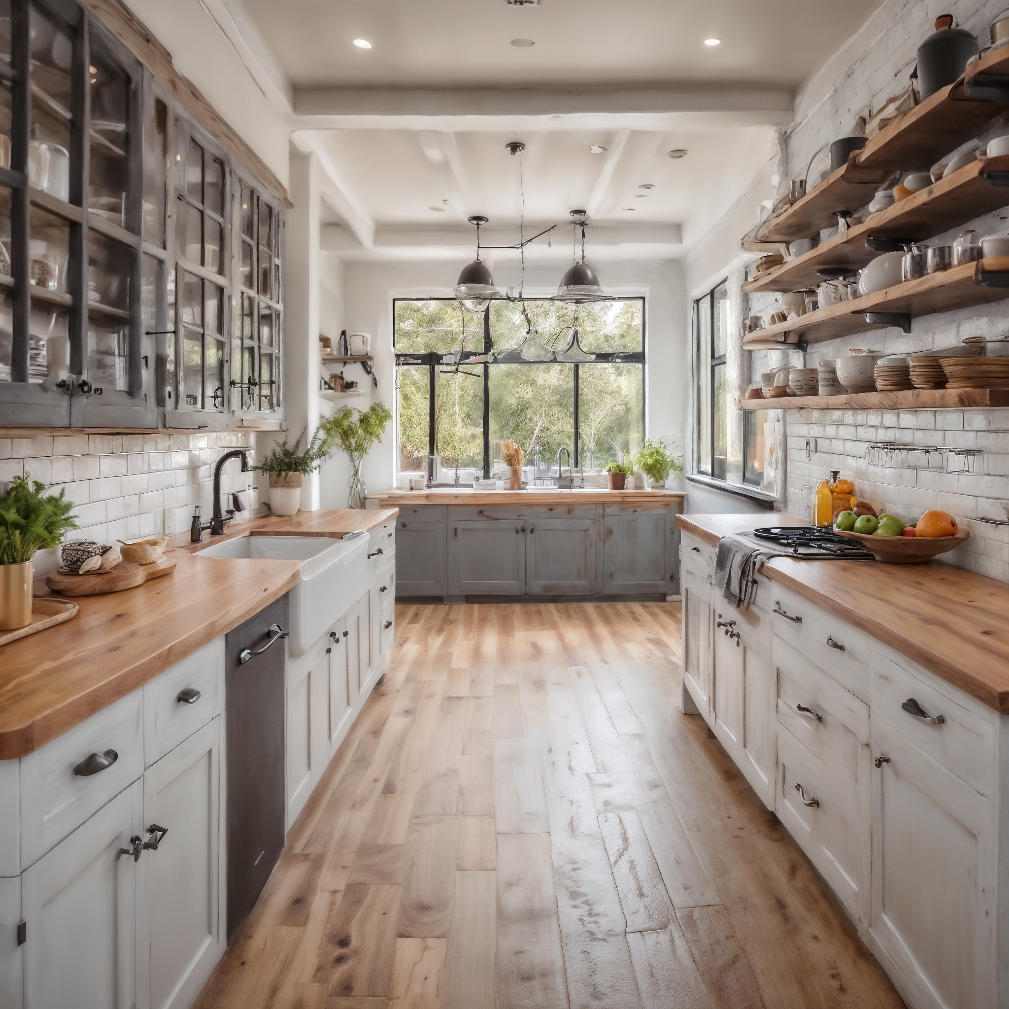 Modern Farmhouse Kitchen Layout with Shaker-style Cabinets, White Subway Tile Backsplash, Wooden Countertop, Apron-front sink, Open shelving