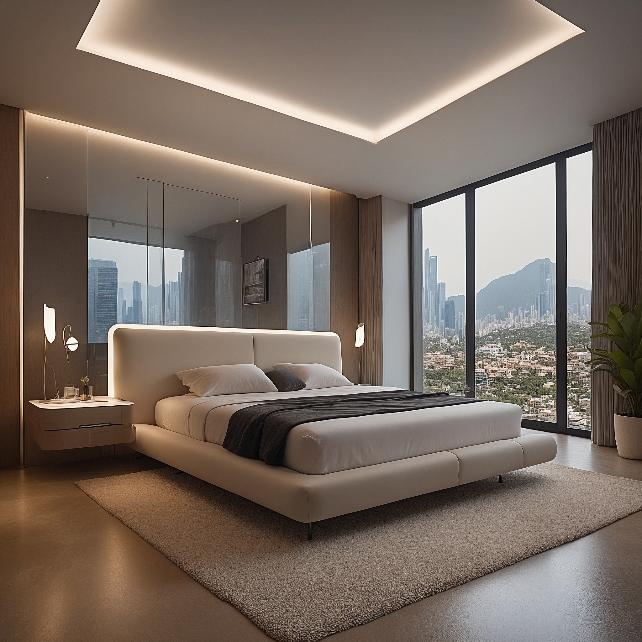 Modern Futuristic Bedroom, Bed With a Sleek, Aerodynamic Design, Ambient Light Strips Along The Walls