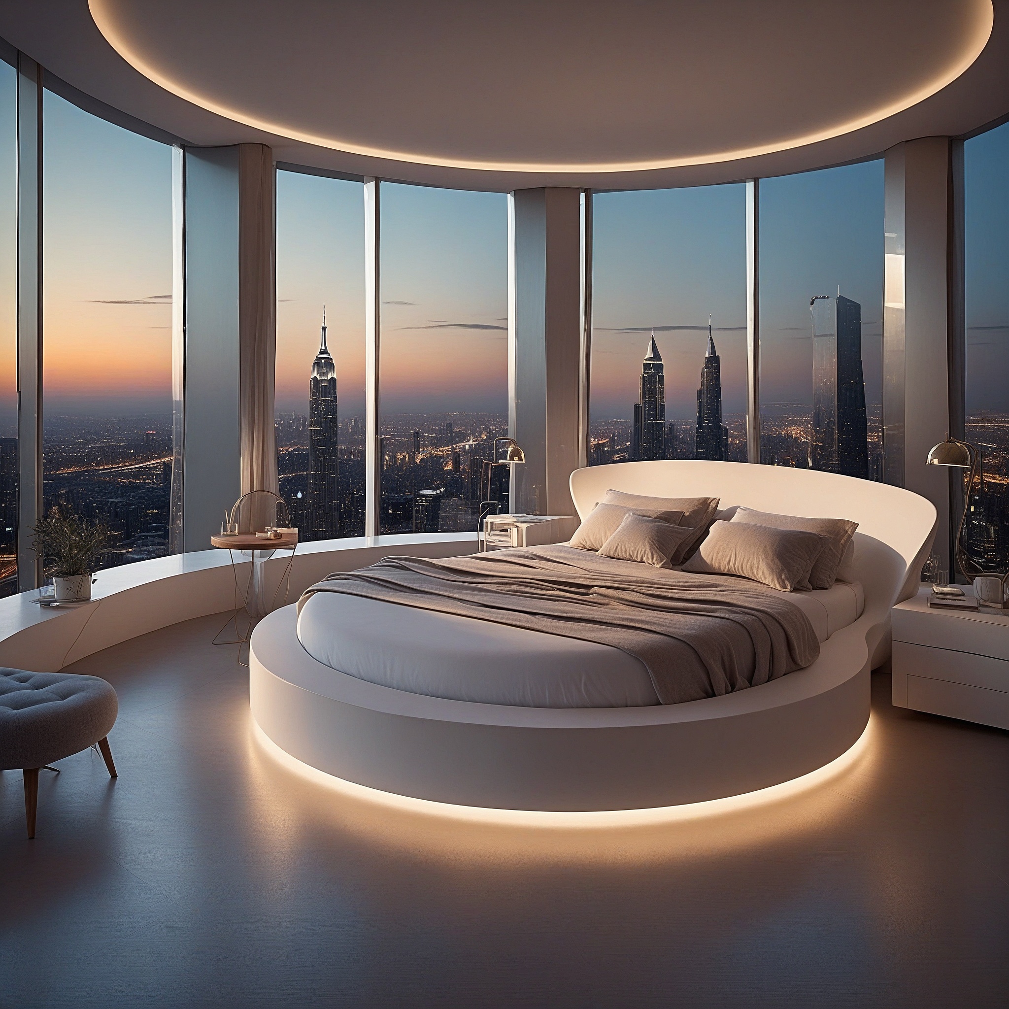 Modern Futuristic Bedroom, Circular Bed With a Glowing Base, Touch-sensitive Smart Surfaces