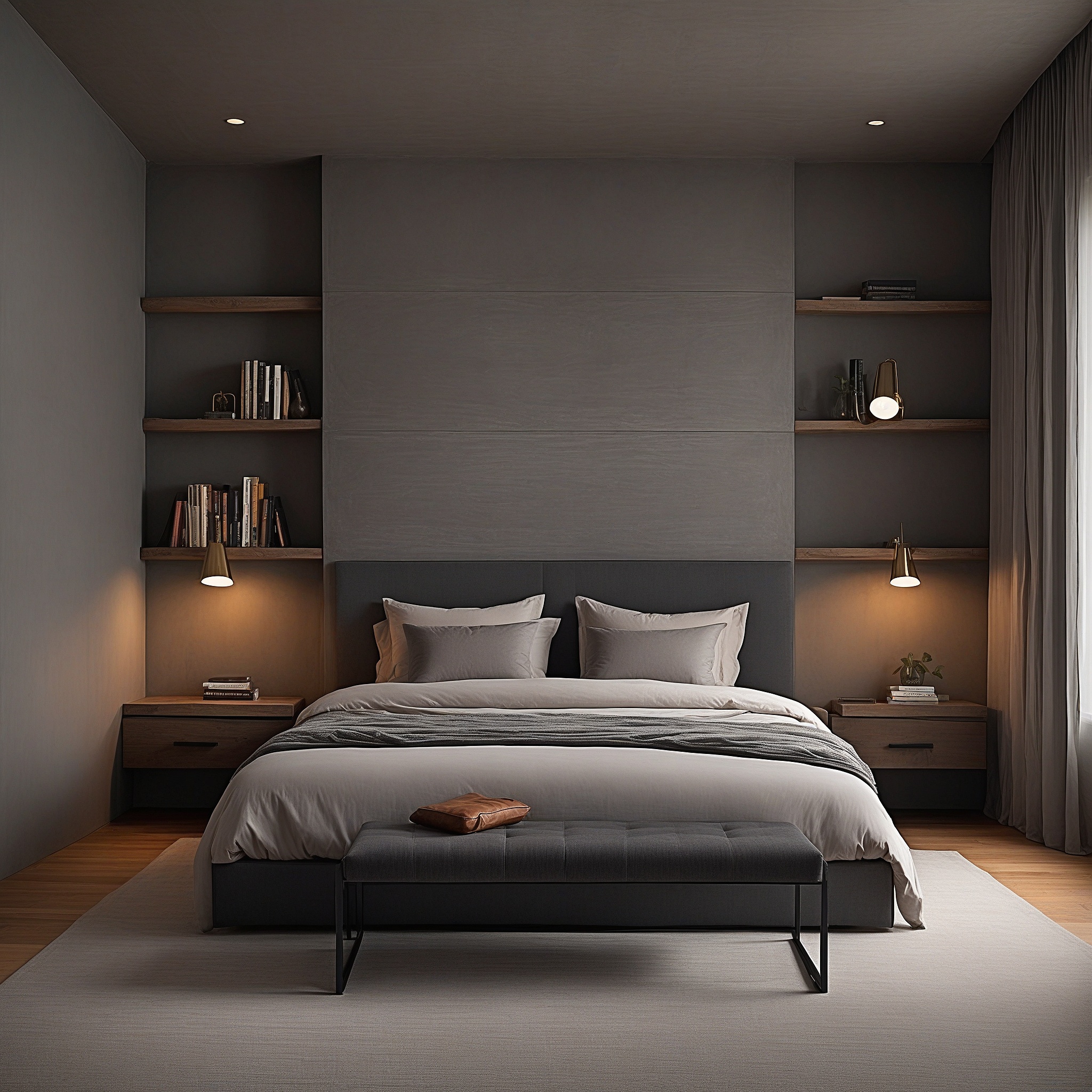 Modern Urban Bedroom, Concrete Walls, Shelving, King Sized Bed With Leather Headboard