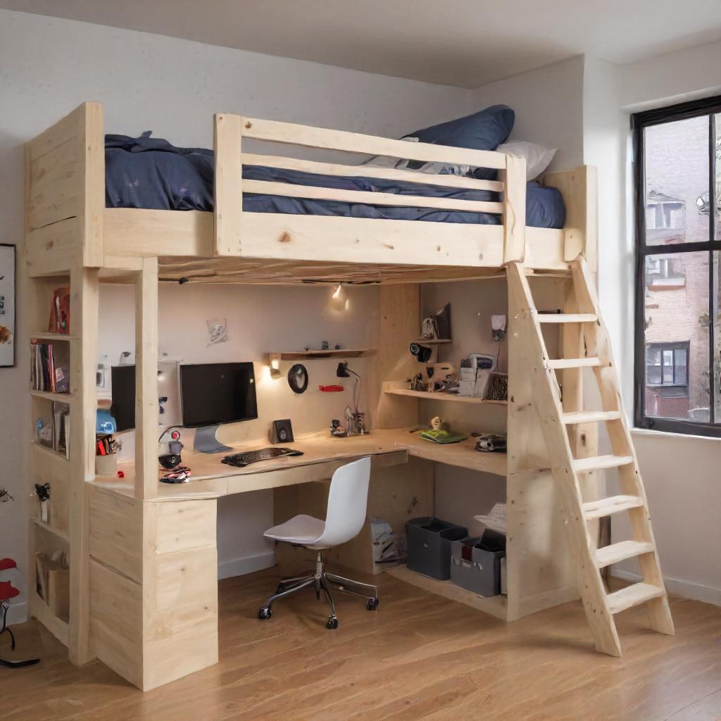 Natural Wood Frame Loft Bed With Incorporated Desk