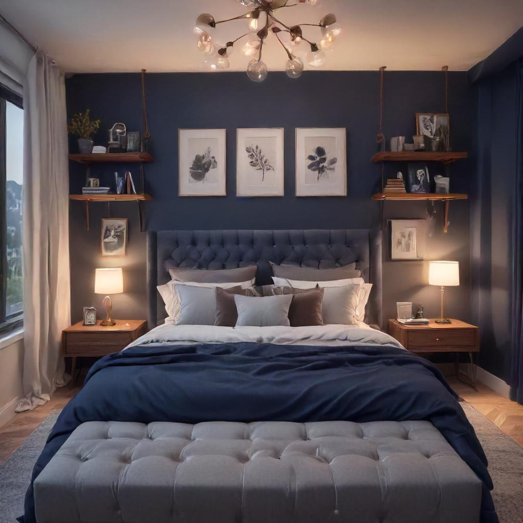 Navy Blue Tufted Bed And Shelving