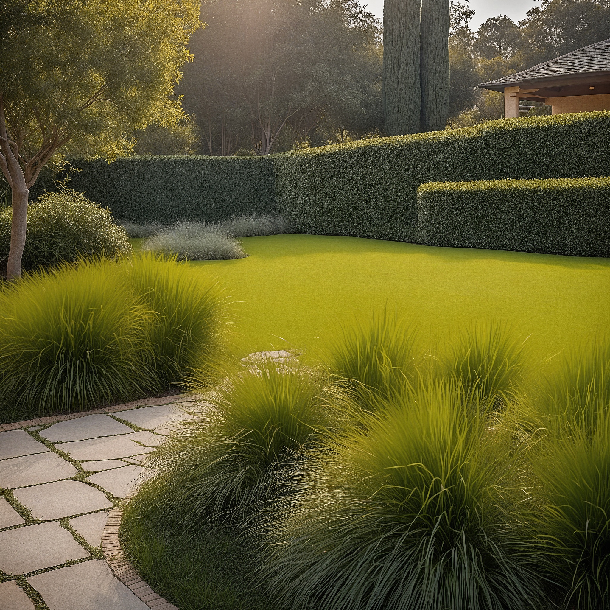 Neatly Trimmed Hedges And Ornamental Grasses