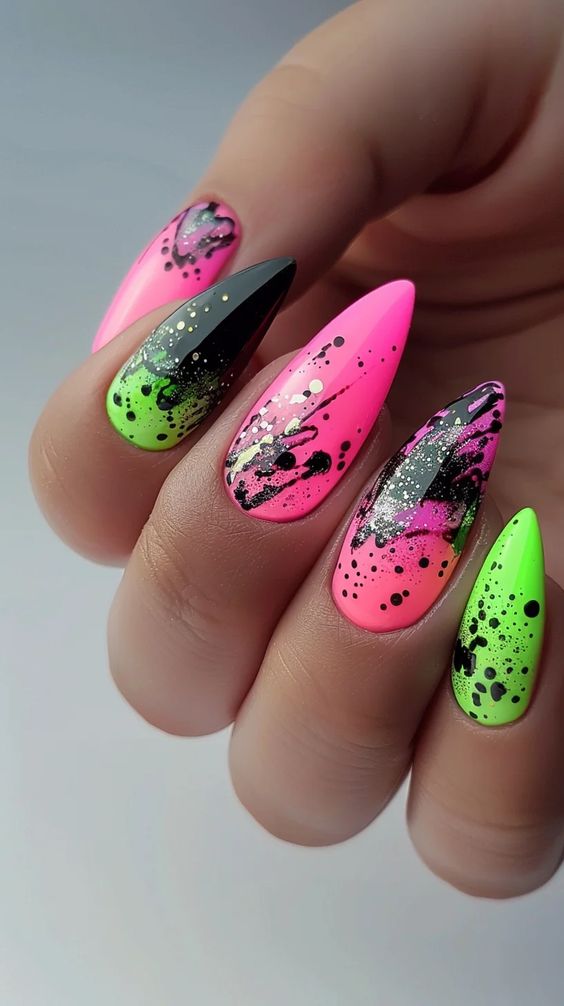 Neon Pink And Green Nails With Black Splatters