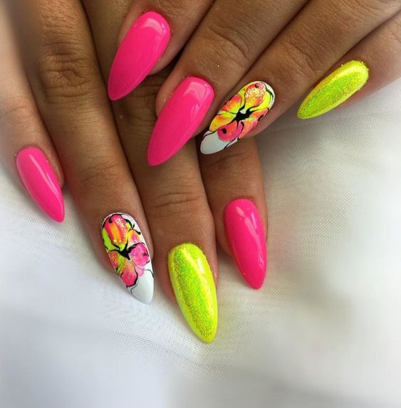 Neon Pink And Yellow With Tropical Flower Accents