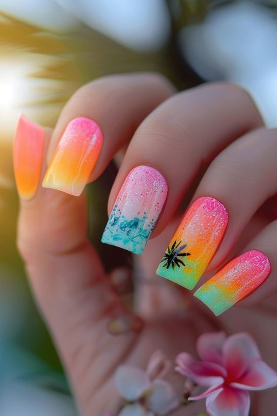 Neon Rainbow Sunset Nails With Palmtree Sillouette