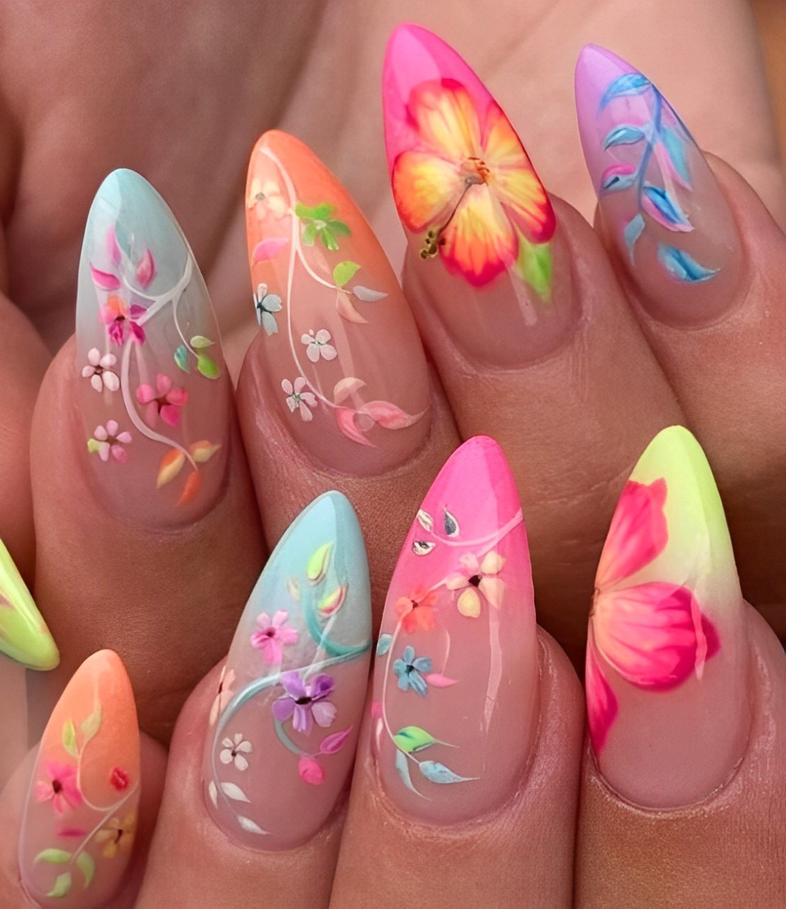 Nude Neon Rainbow French Mani With Flower Designs