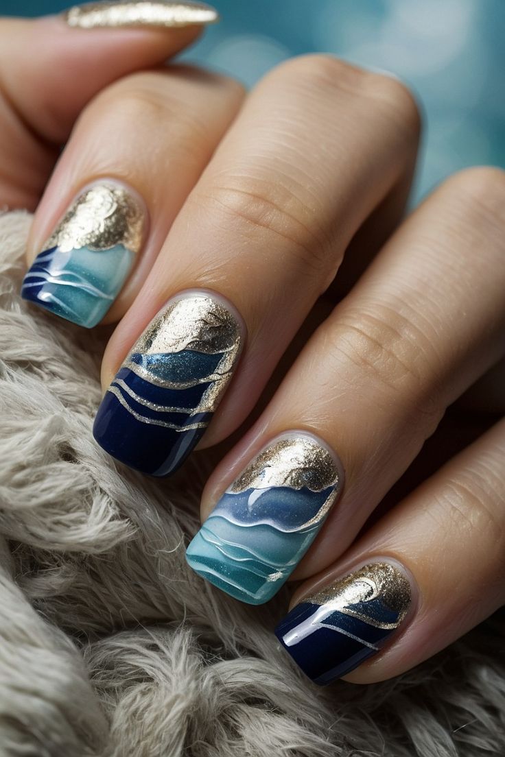 Ocean Waves Blue And Silver Marbled Nails