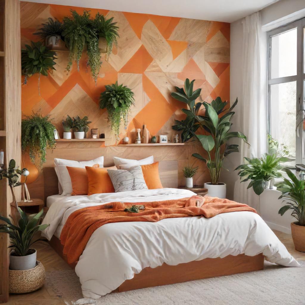 Orange Wood Accent Wall With Geometric Shapes
