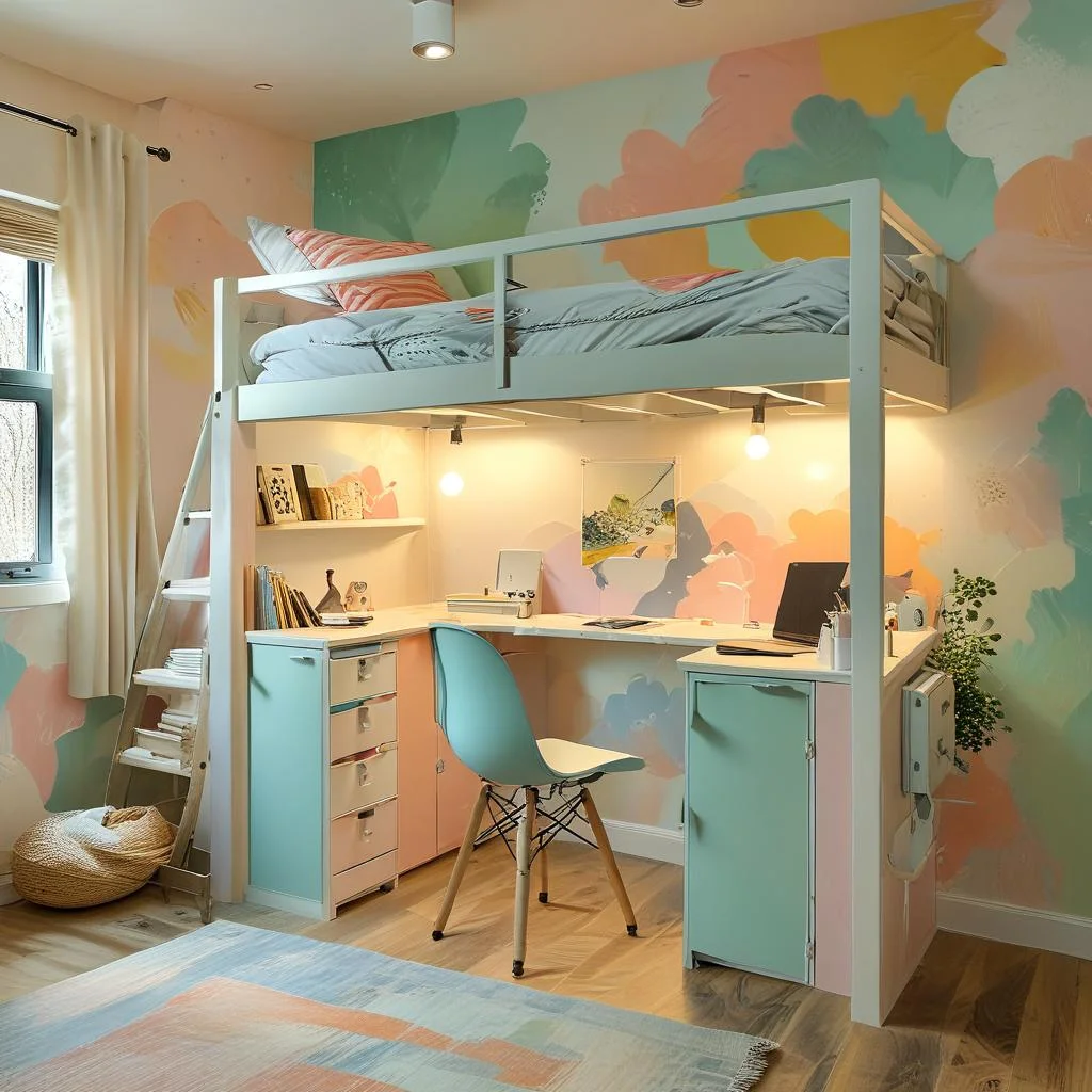 Pastel Colored Bedroom With Single Loft Bed