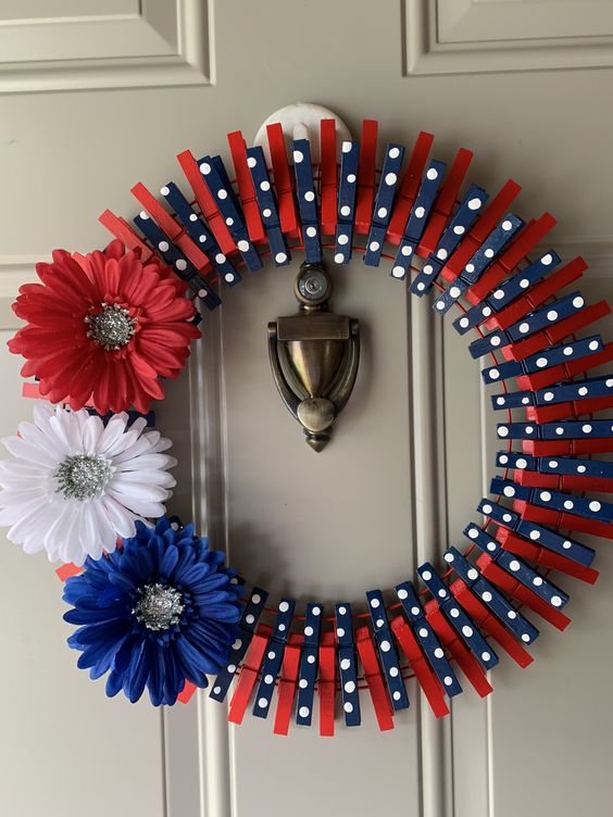 Patriotic Clothes Pin And Flower Door Wreth