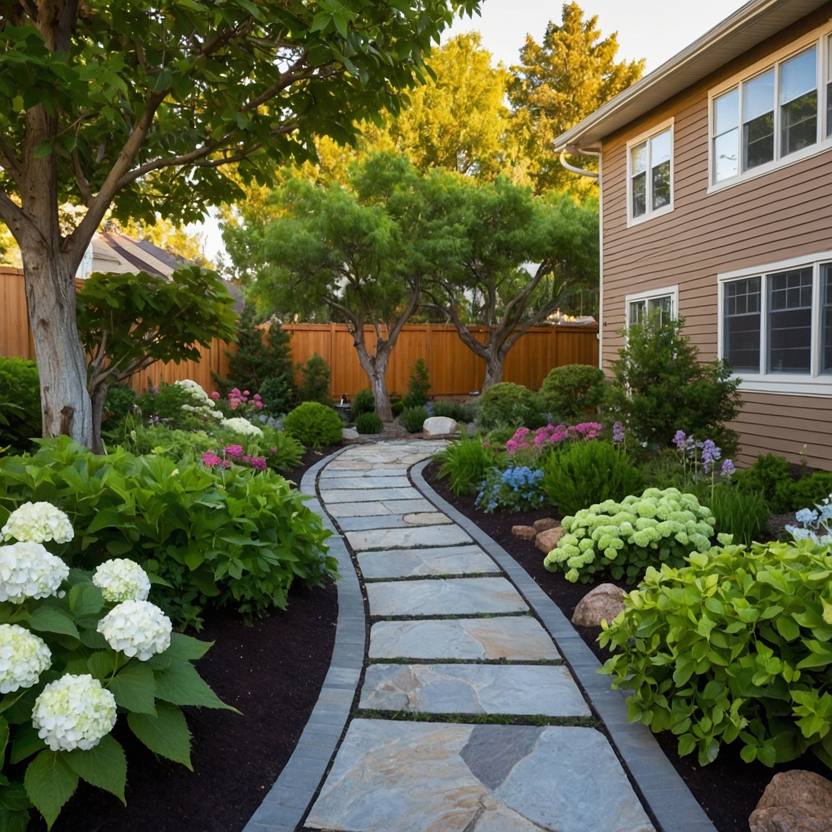 Pavers And Gravel Walkway With Flowering Bushes