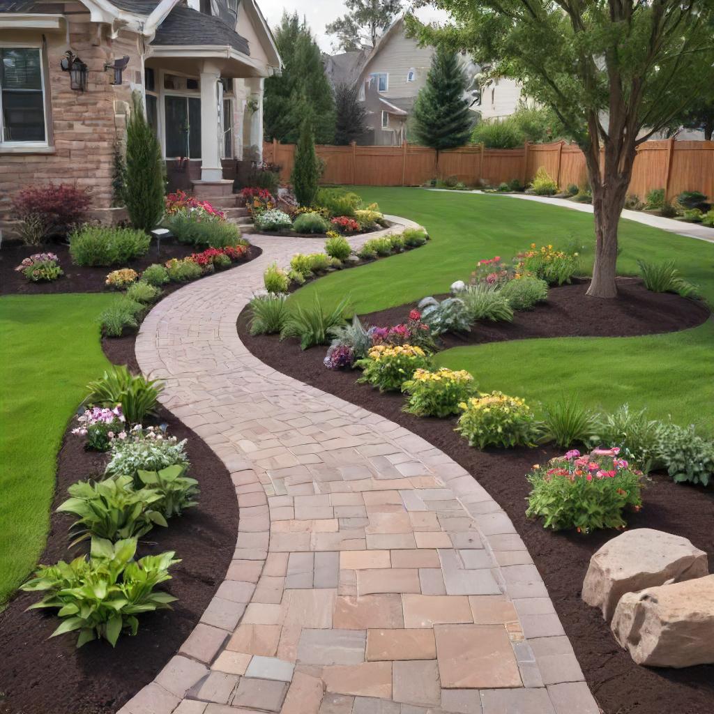 Pavers Walkway With Grassy Yard And Mucl Flowering Walkway Borders