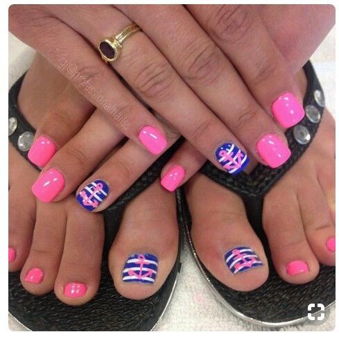 Pink Toes With Anchor On Blue And White Stripes Accent