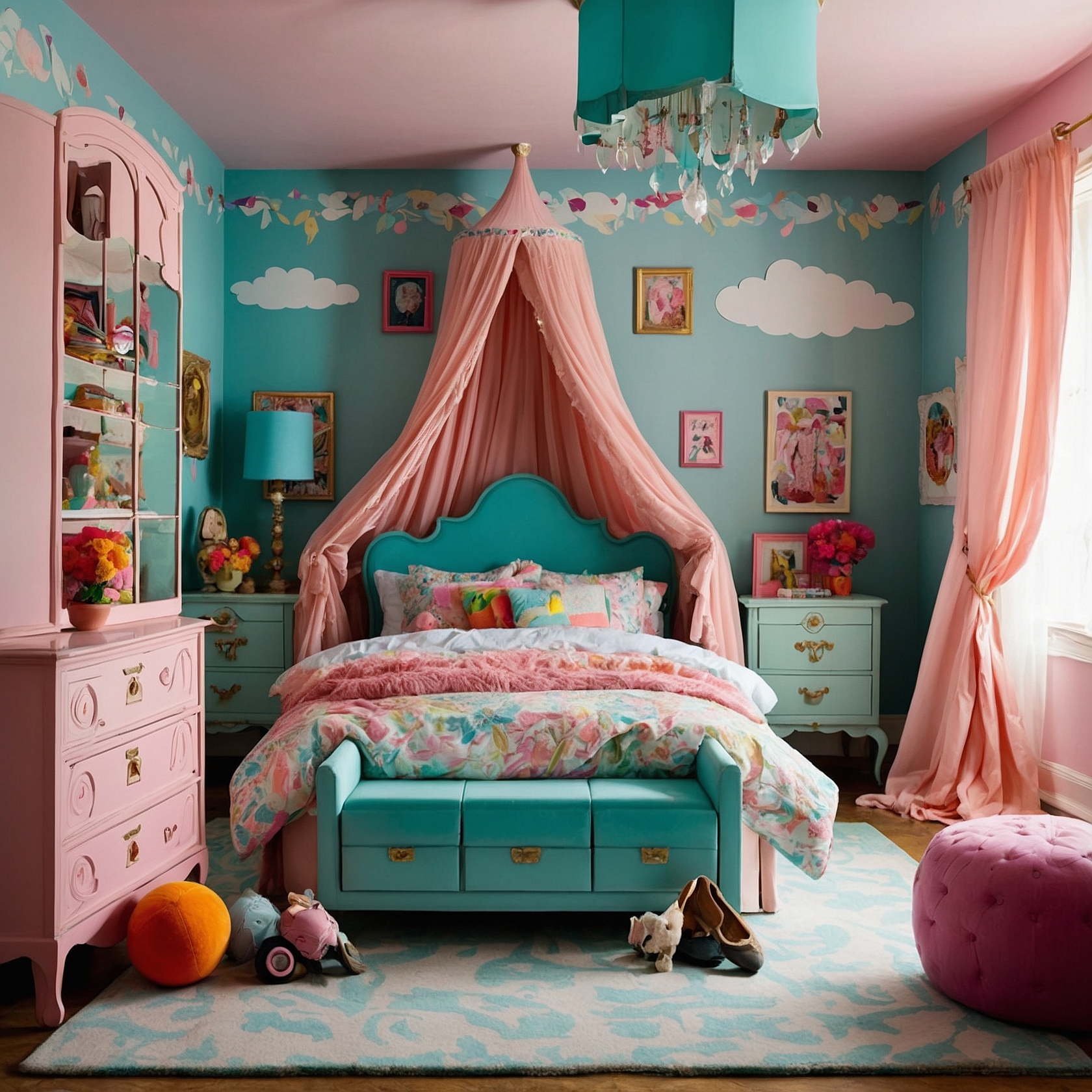 Pink and Blue With Canopy Bed And Sky Mural