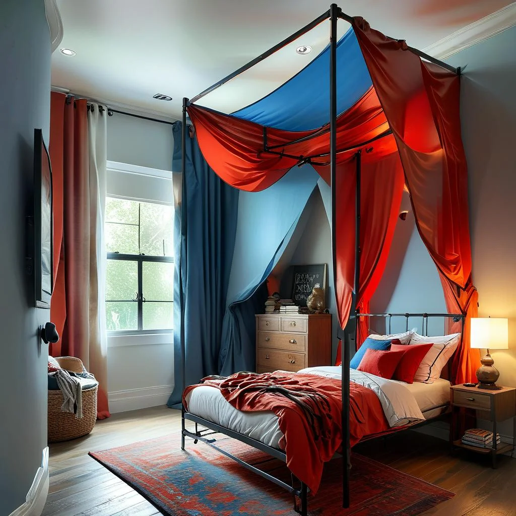 Red And Blue Bedrom With Iron Frame Canipy Bed