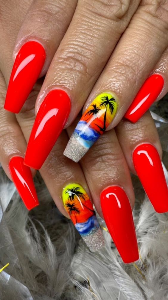 Red CoffinNails With Beach Sunset
