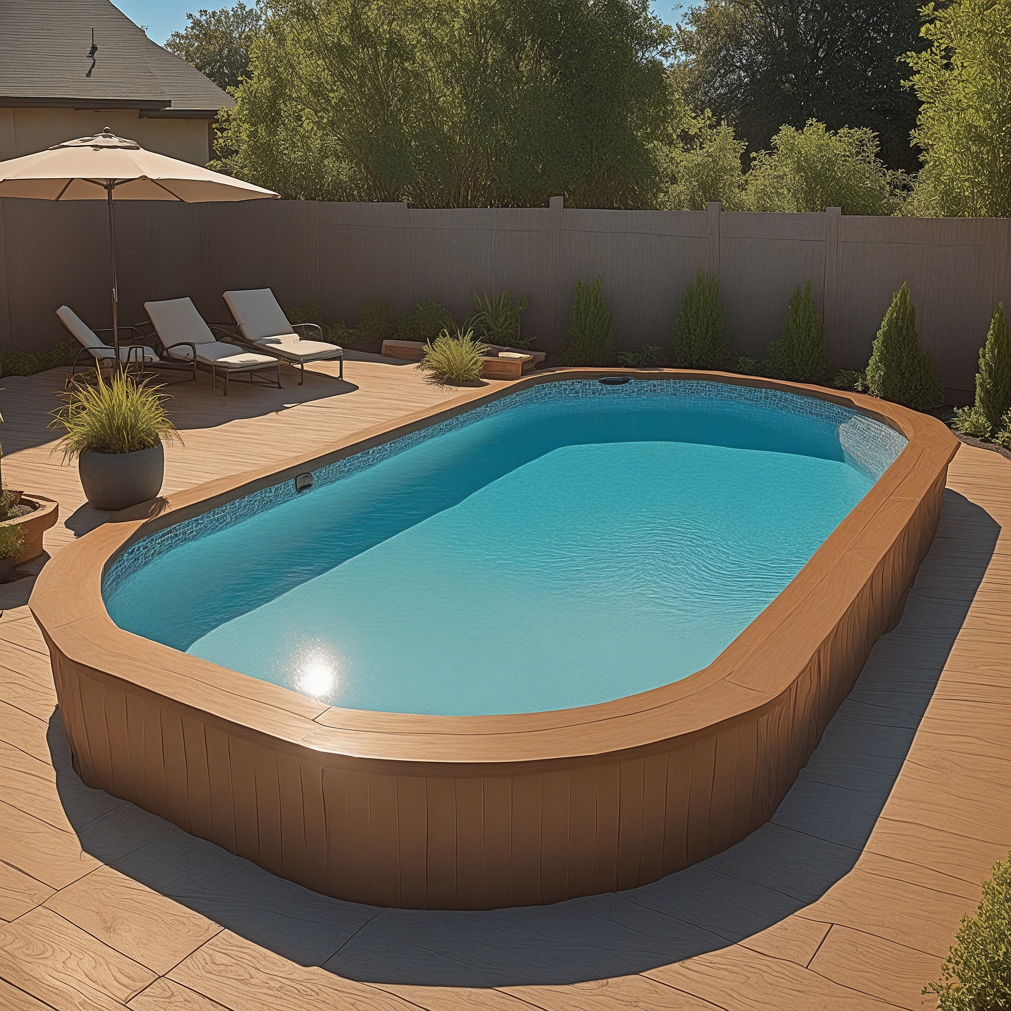 Resin Above-Ground Pool and a Surrounding Composite Deck With Outdoor Seating