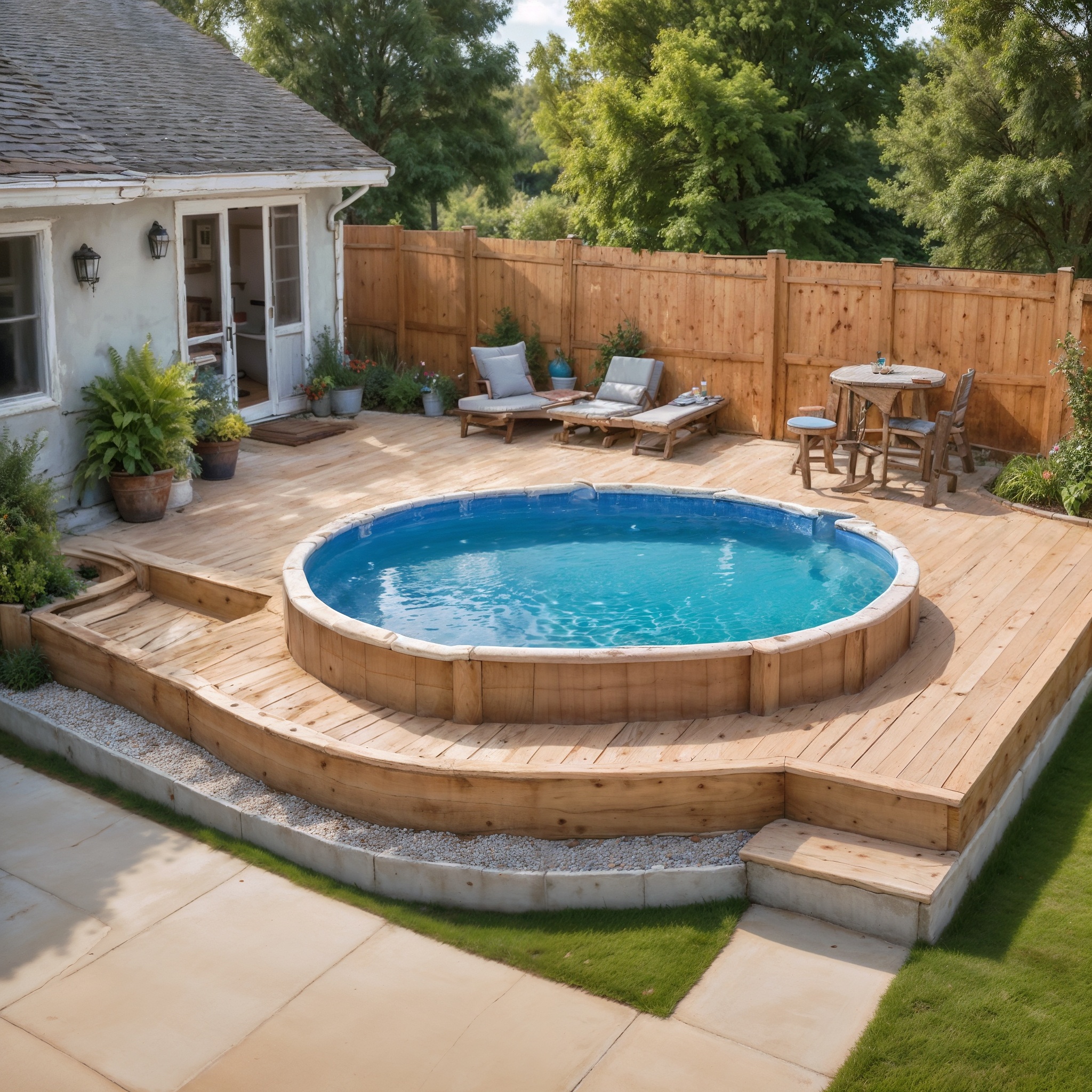 Resin Above-Ground Pool With Raised Deck And Seating Area