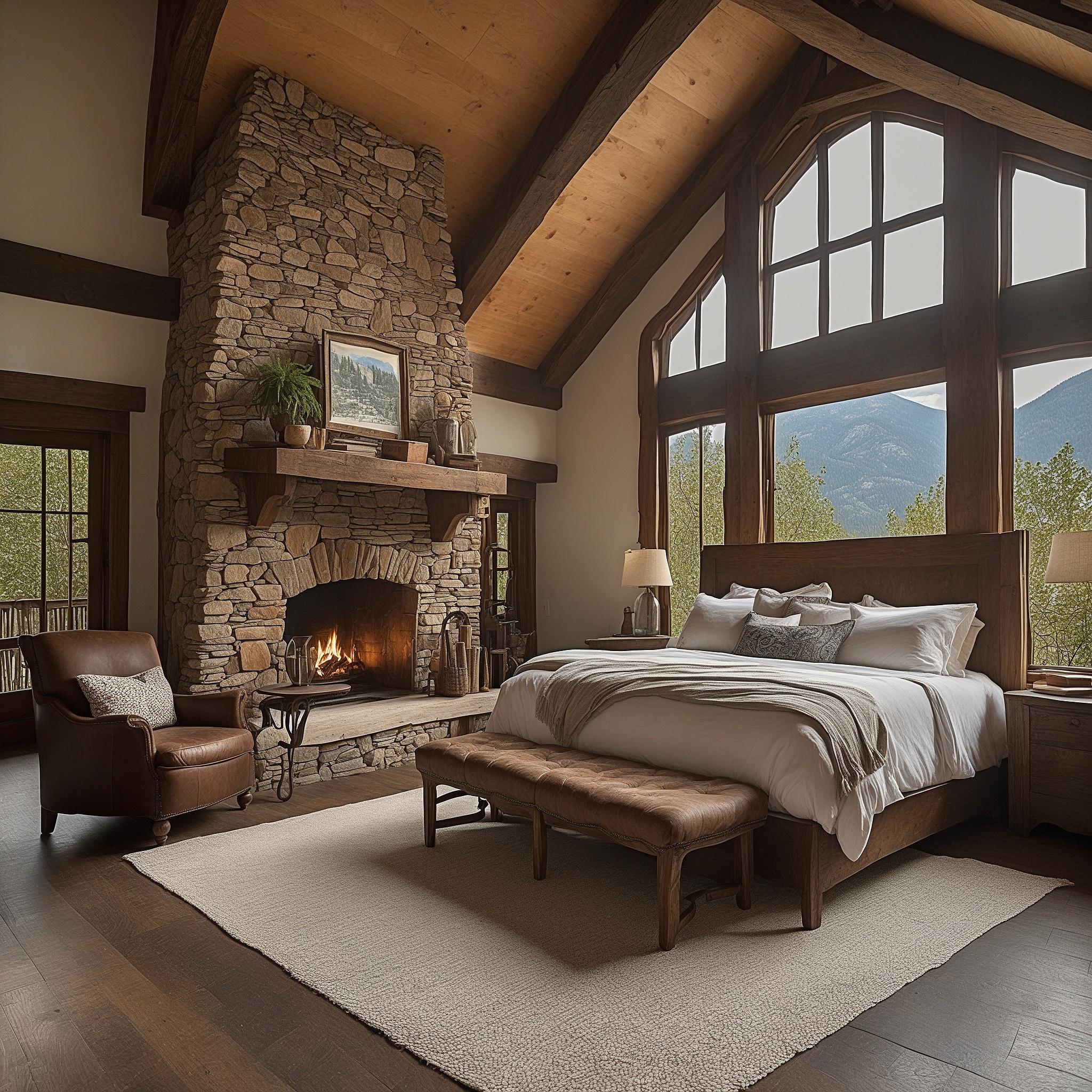 Rustic Bedroom With Exposed Beams, Stone Fireplace And King Size Bed