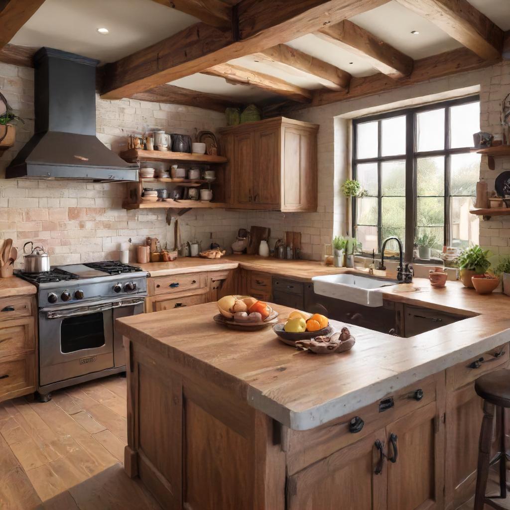 Rustic Kitchen Layout With Wooden Beams, Distressed Wood Sabinets, Farmhouse Sink, Butcher Block Bountertop