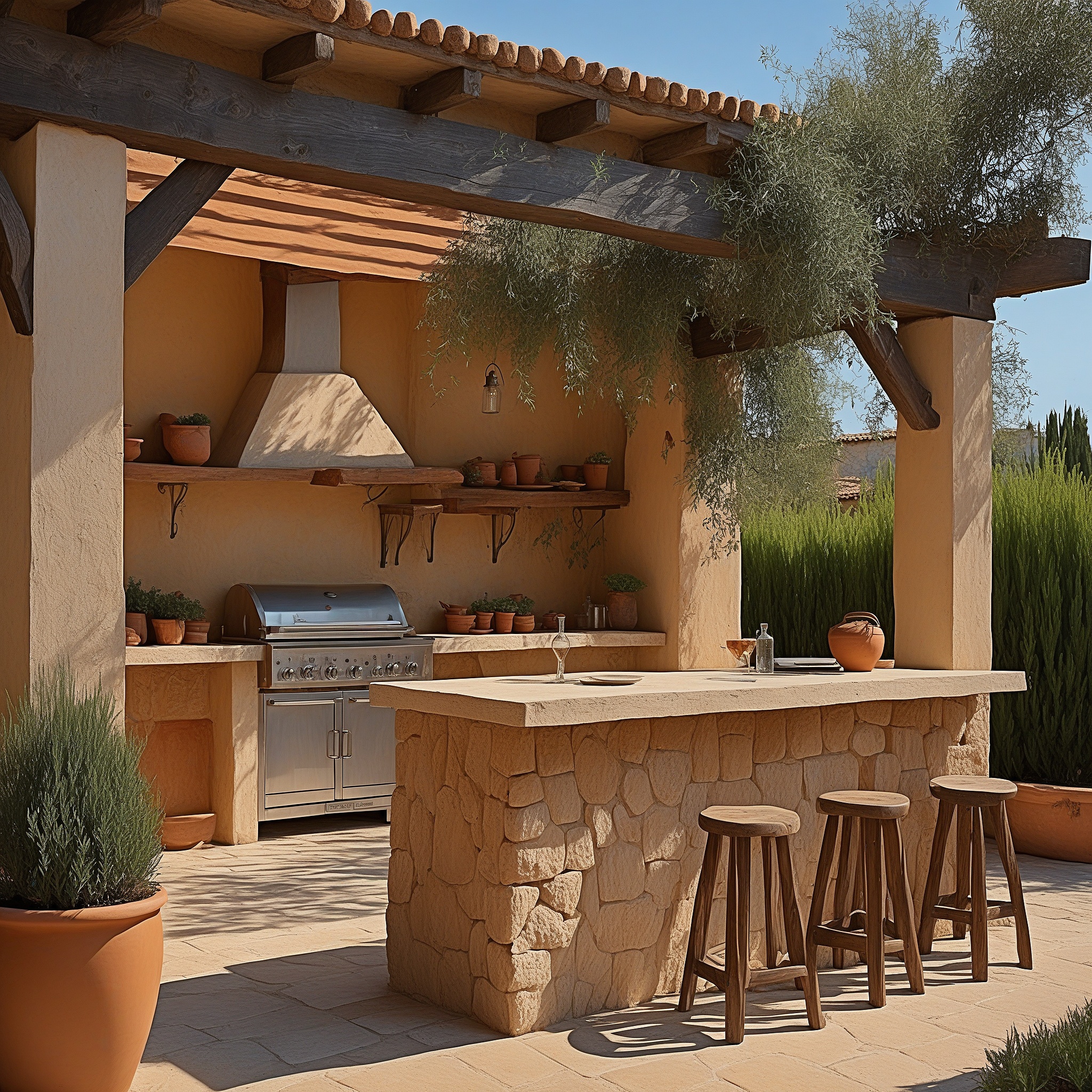 Rustic Stone Bar and Grill Setup in a Mediterranean Garden the Bar Built from Rough-hewn Limestone