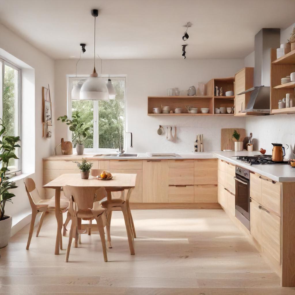 Scandinavian L-Shaped Kitchen Layout with Light Wood Cabinets, White Countertops, Open Shelving And Small Dining Area