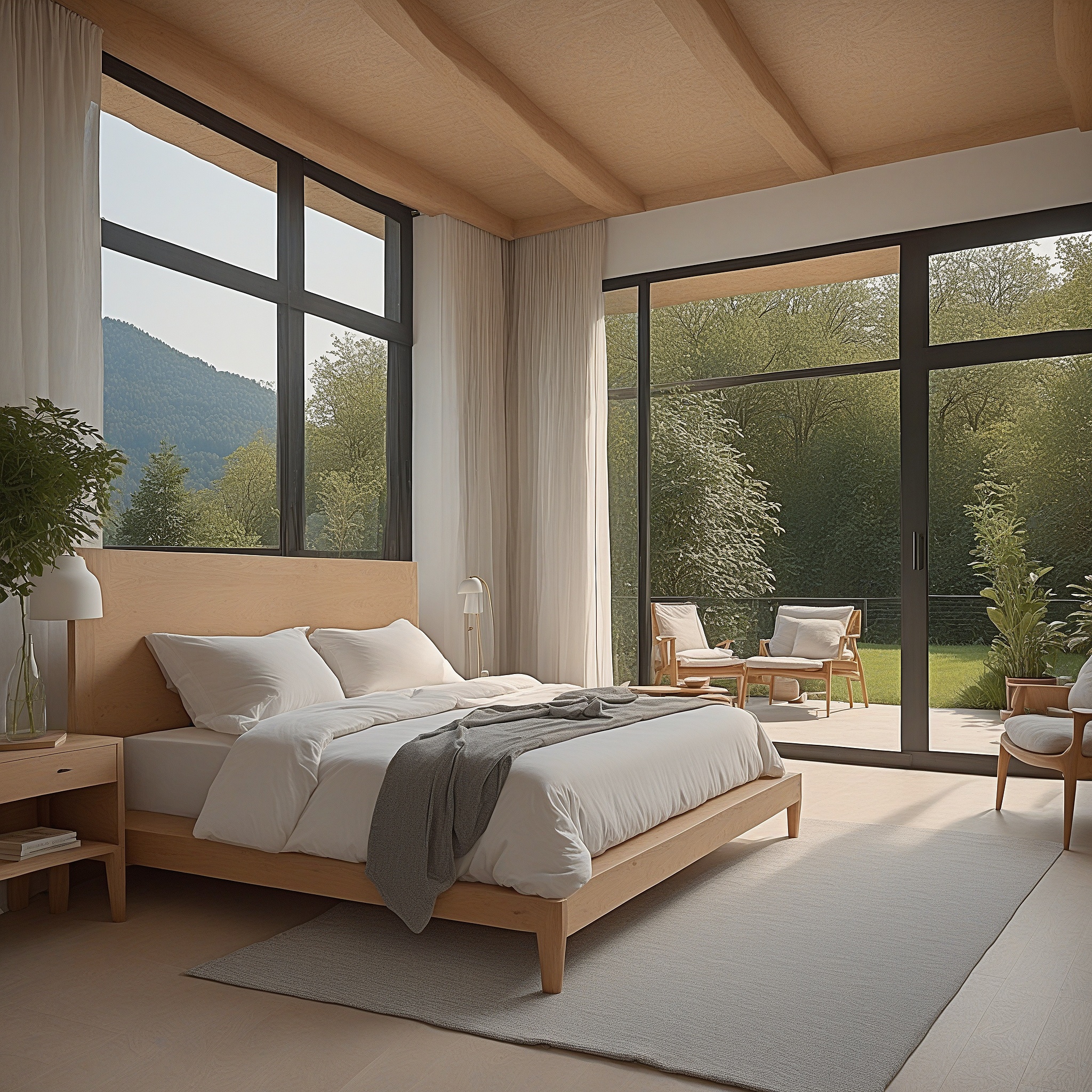 Scandinavian Master BEdroom With White Covers And Light Wood Furniture