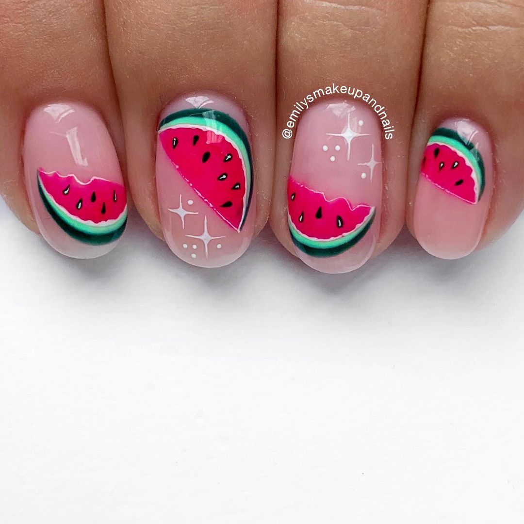 Short Nude Oval Nails With Watermelon Slices