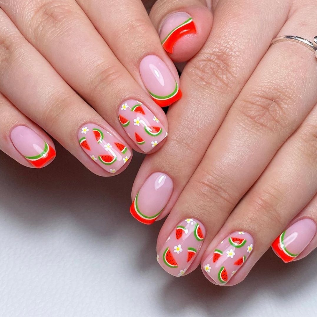 Short Nude Red And Green French Tip With Watermelon Slices And Flower Design