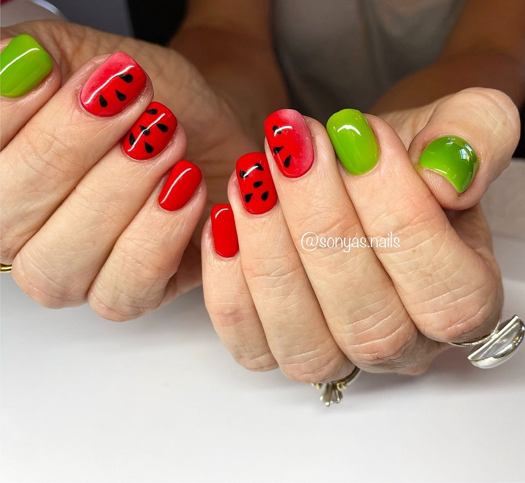 Short Red And Green Watermelon Nails