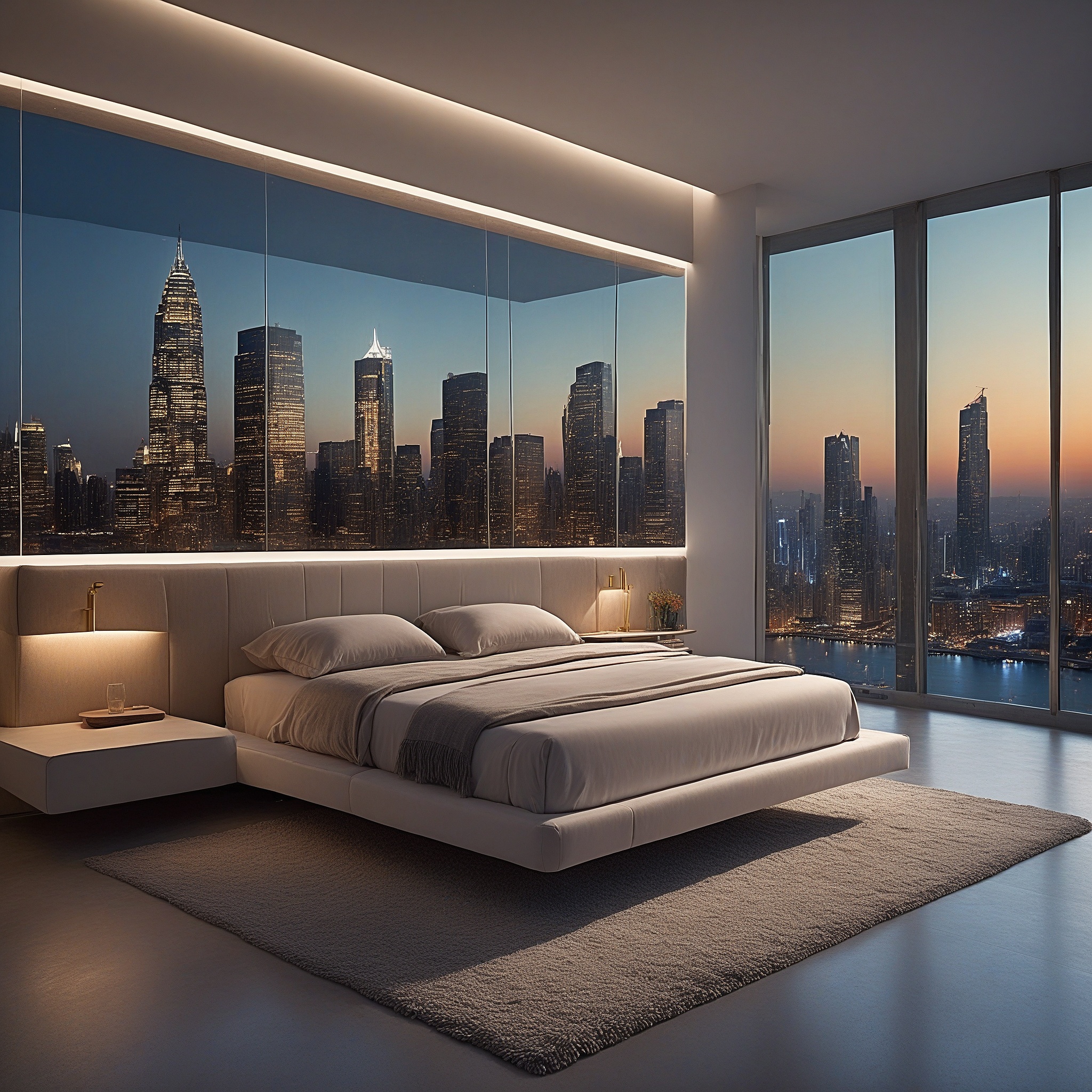 Sleek Floating Bed, Integrated LED Lighting, Minimalistic Furniture with Metallic Finishes,