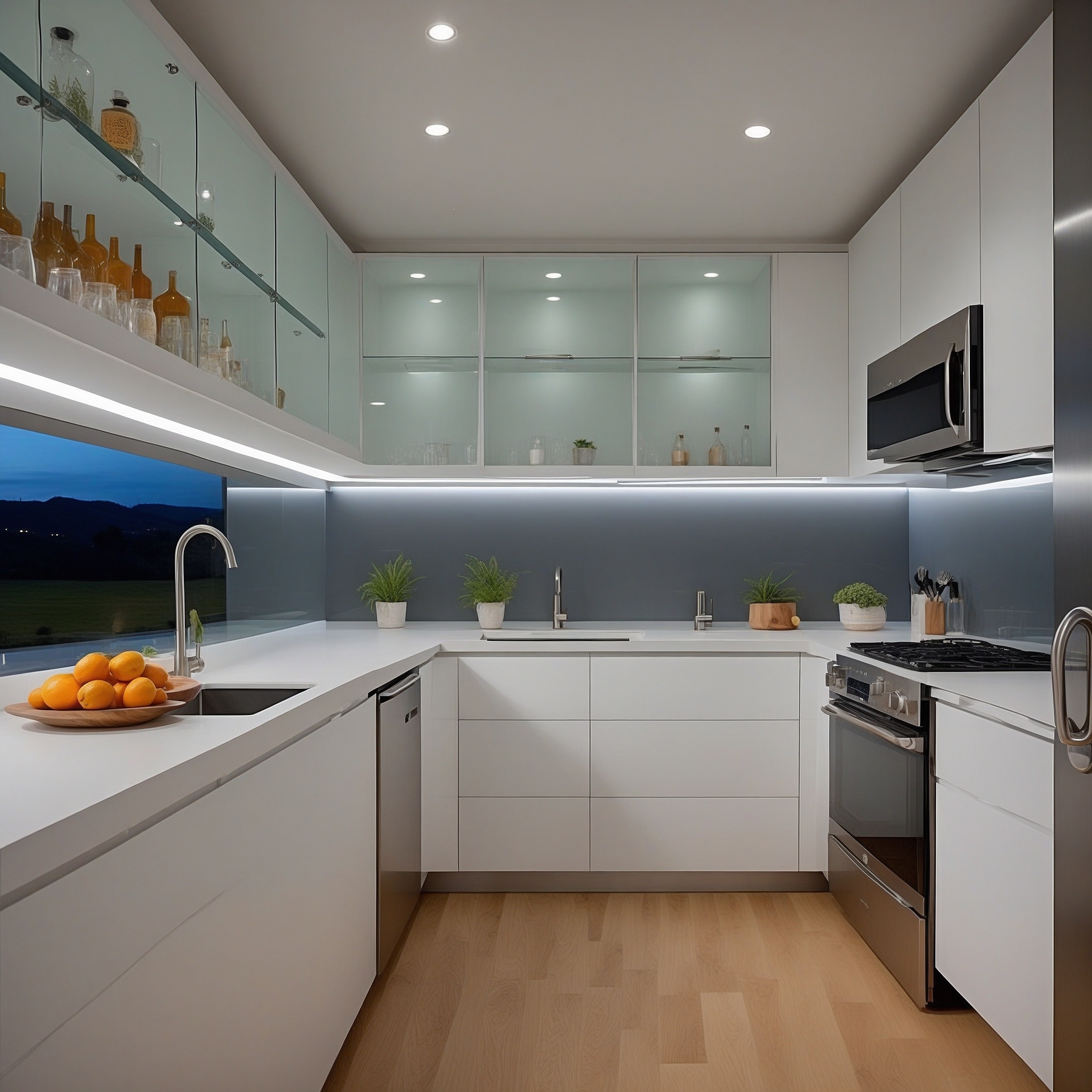 Sleek, Handleless Frosted Glass Cabinets in a Matte White Frame