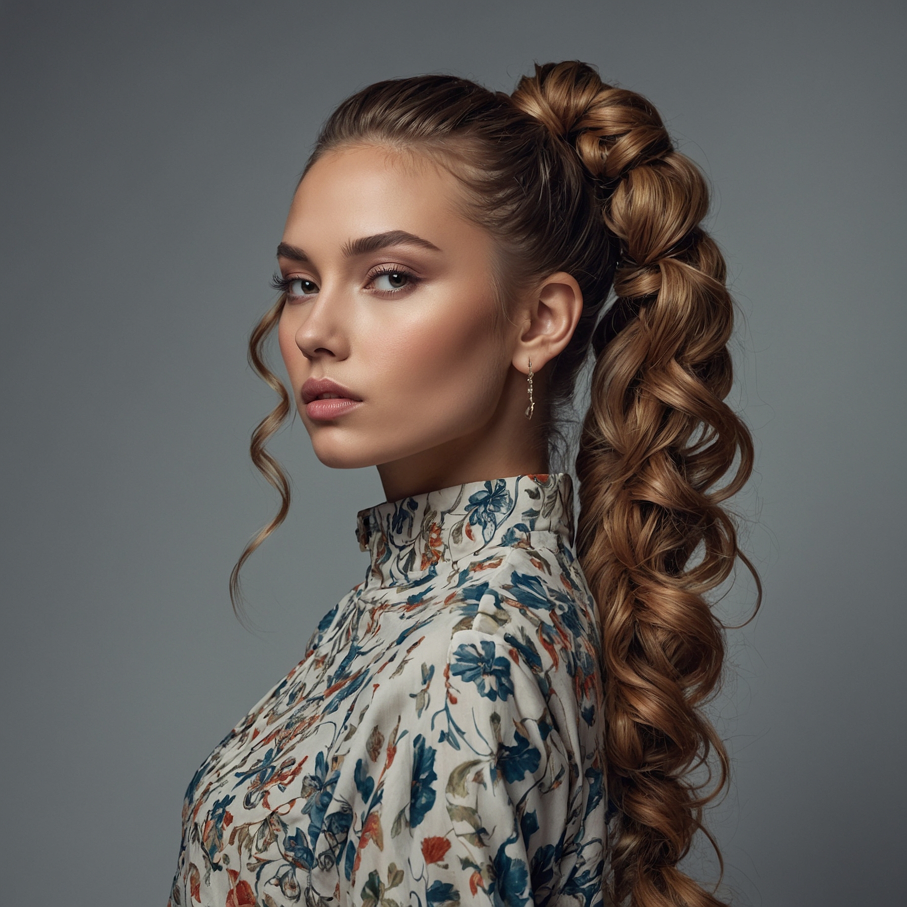 Slicked Back High Ponytail On Culed Hair with Hair Wrap Around Ponytail Base