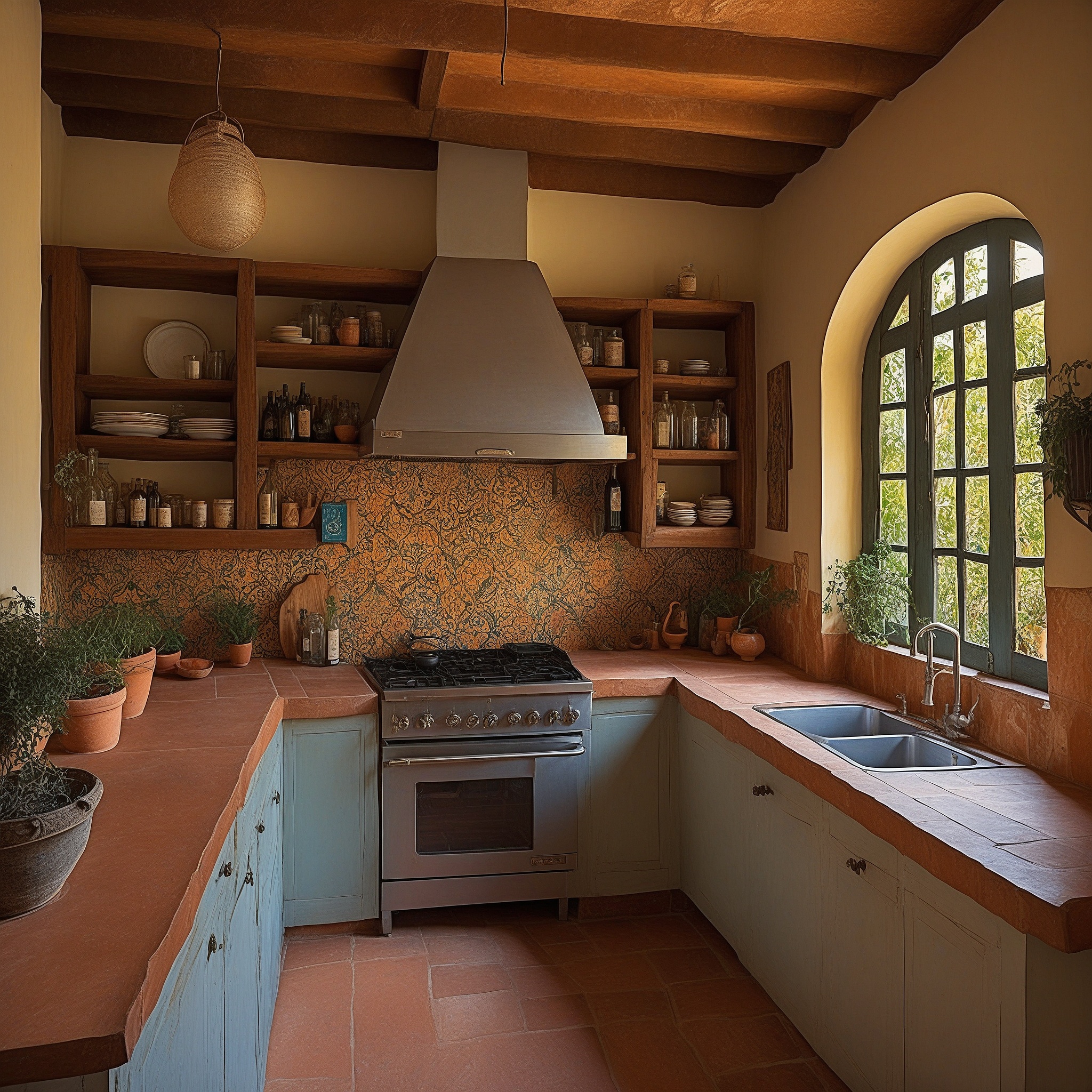 Small Mediterranean Kitchen Layout with Colorful Tile Backsplash, Open Shelving, and Terracotta Floor Tiles