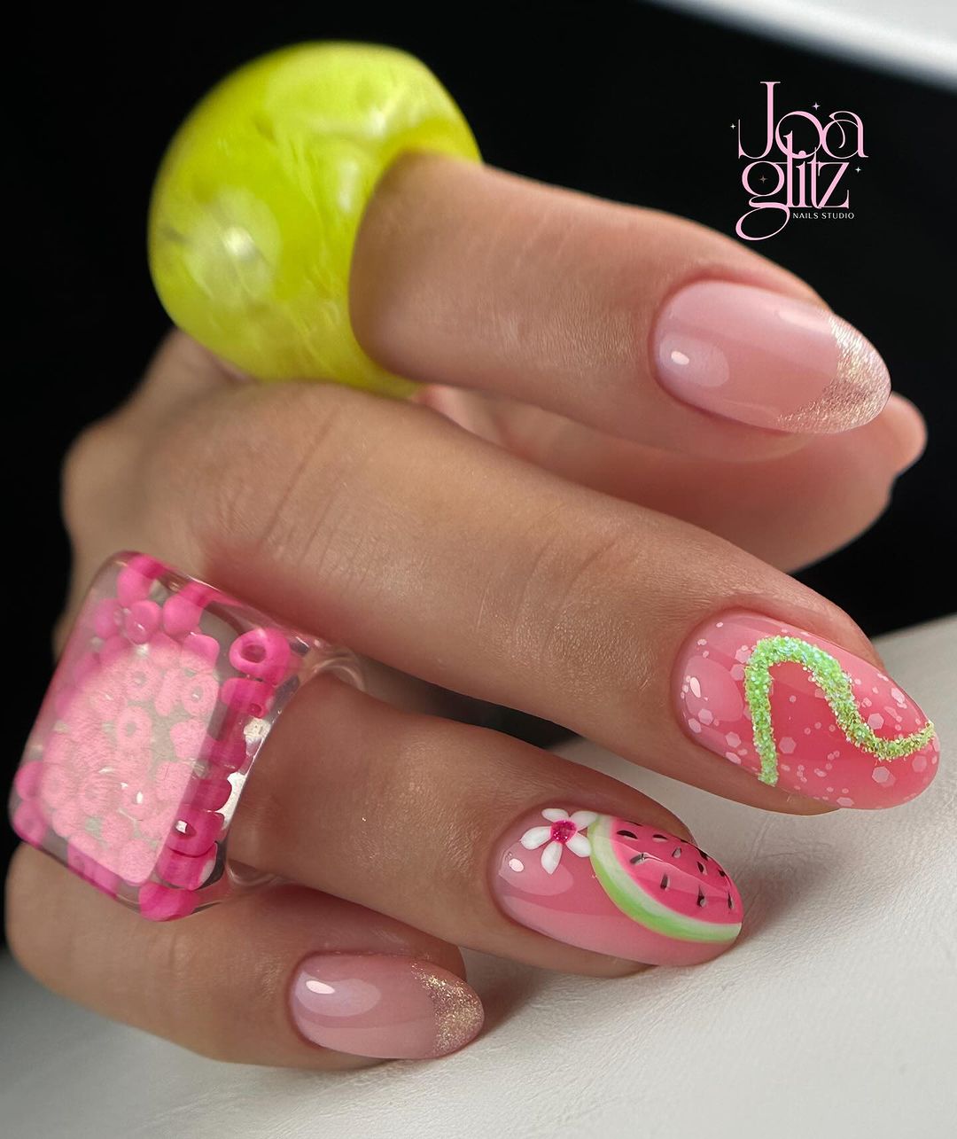 Soft Pink Nails With Watermelon Accesnt Nail Nag Green Glitter Line