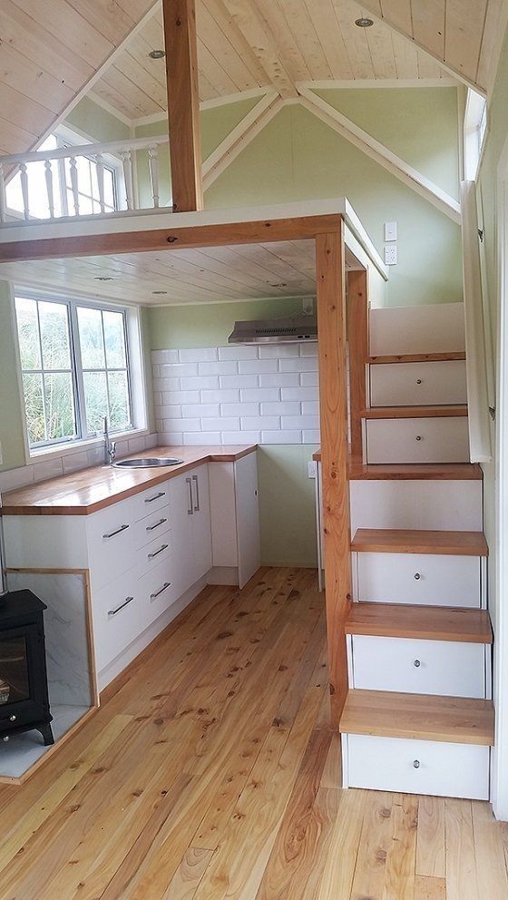 Space Saving Wood Loft Bed For Narrow Room With Kitchen Underneath