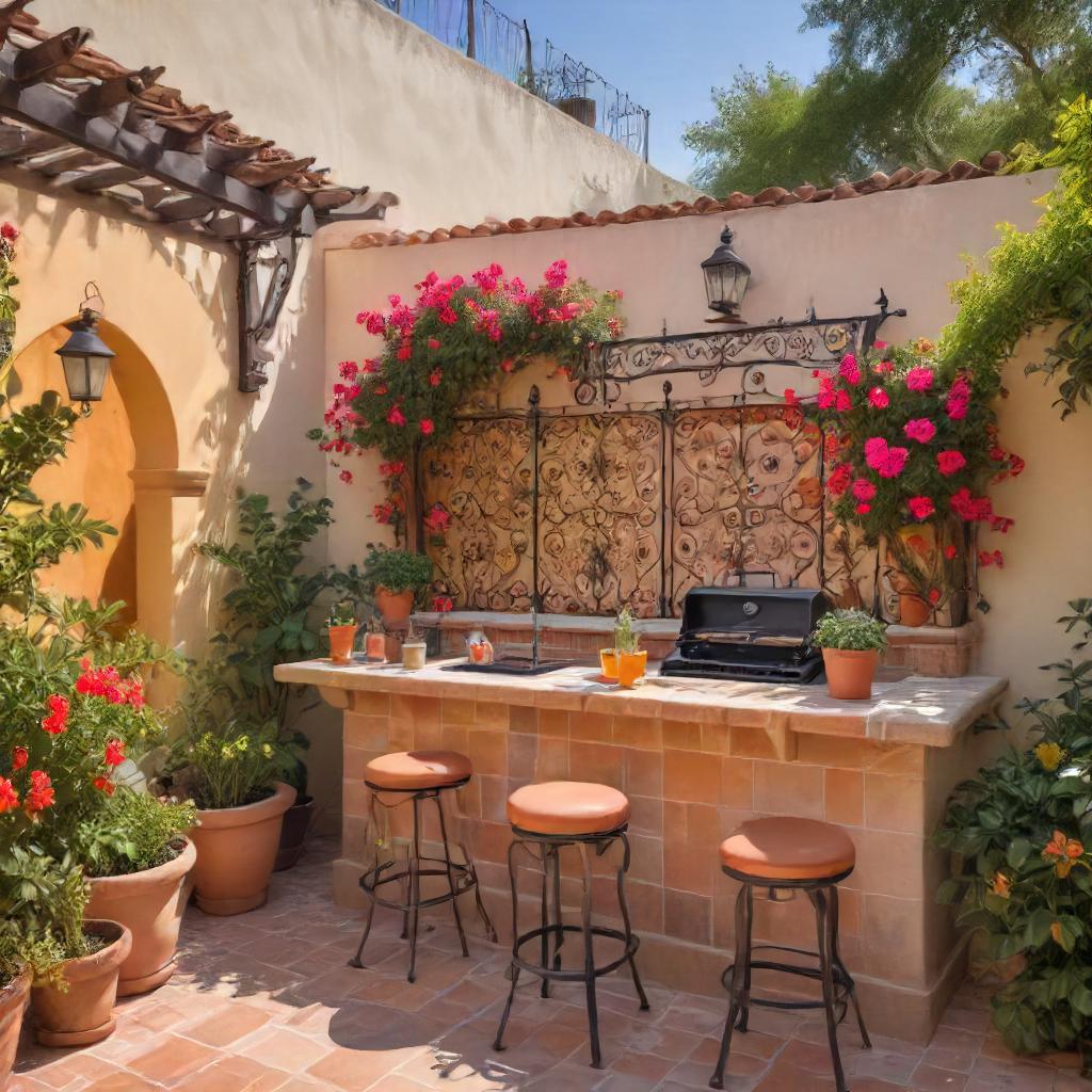 Spanish-style garden with bougainvillea and terracotta pots
