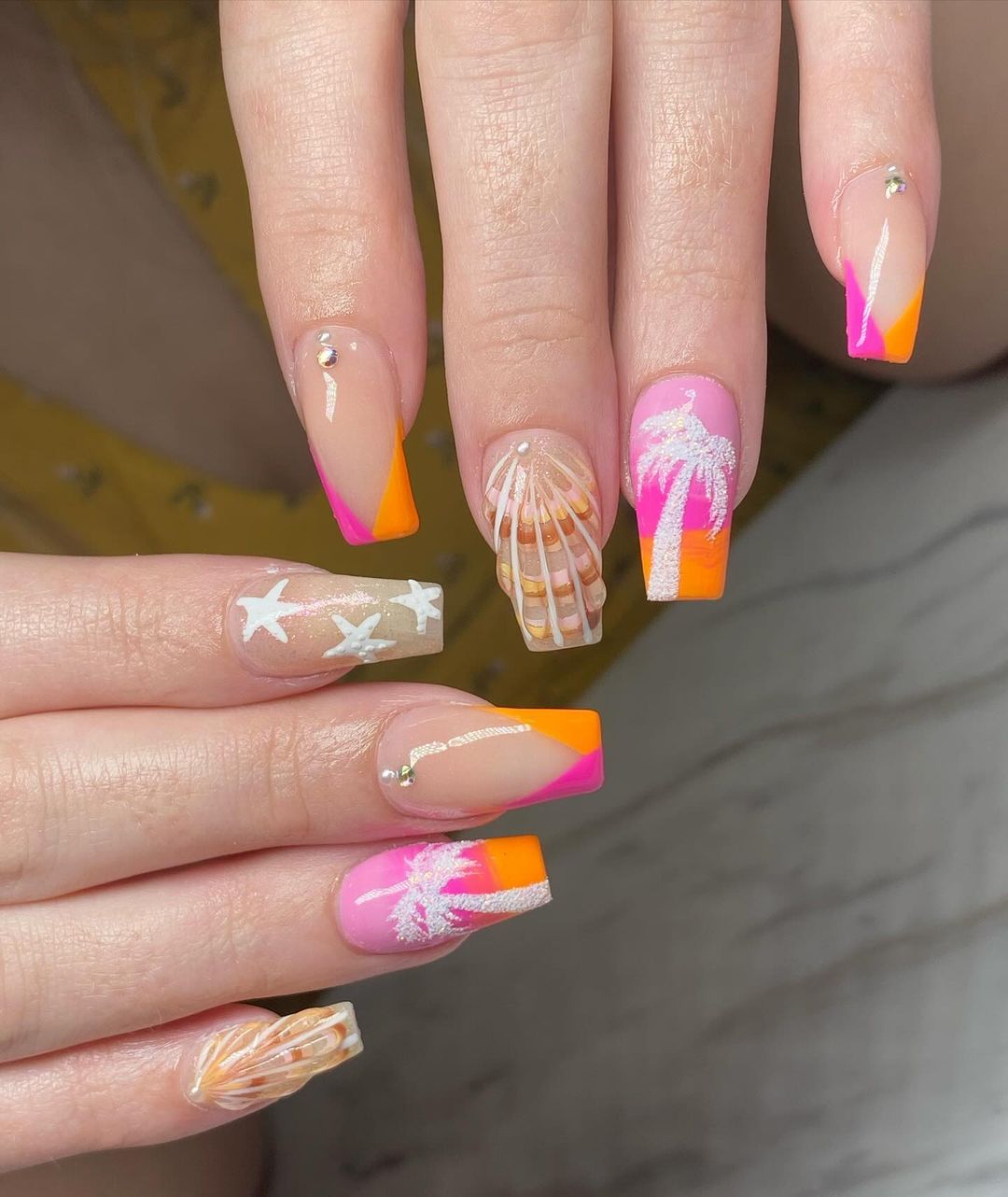 Square Neon Nails With Shels, Palm Trees And Starfish