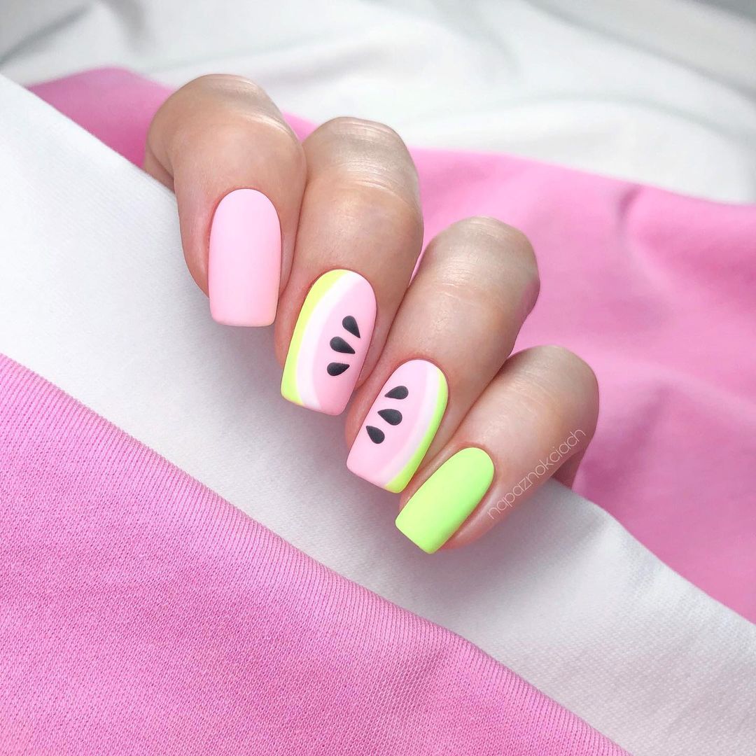 Square Pastel Pink Green And Yellow Watermelon Nails