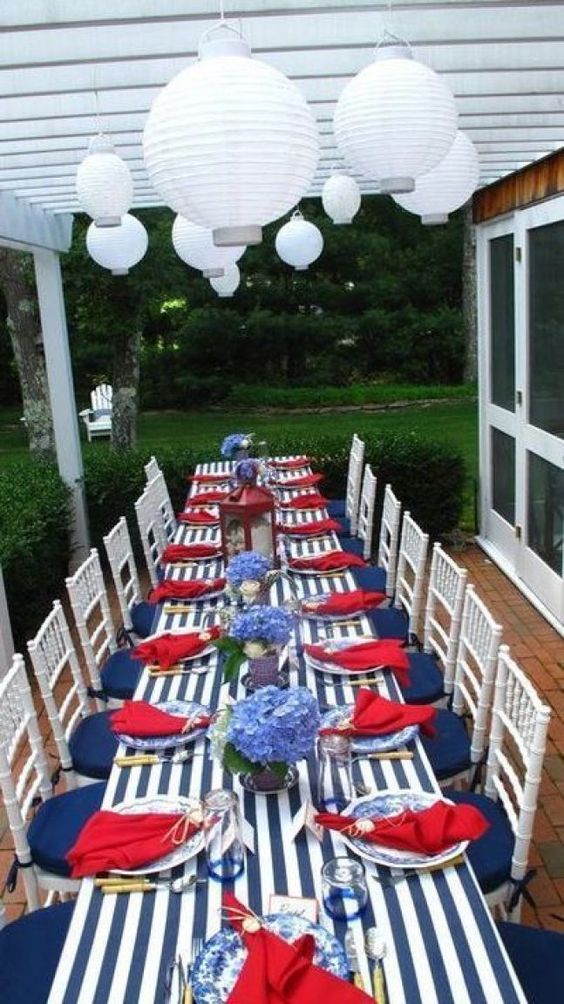Tablescape Blue And White Stripes With Red Napkins