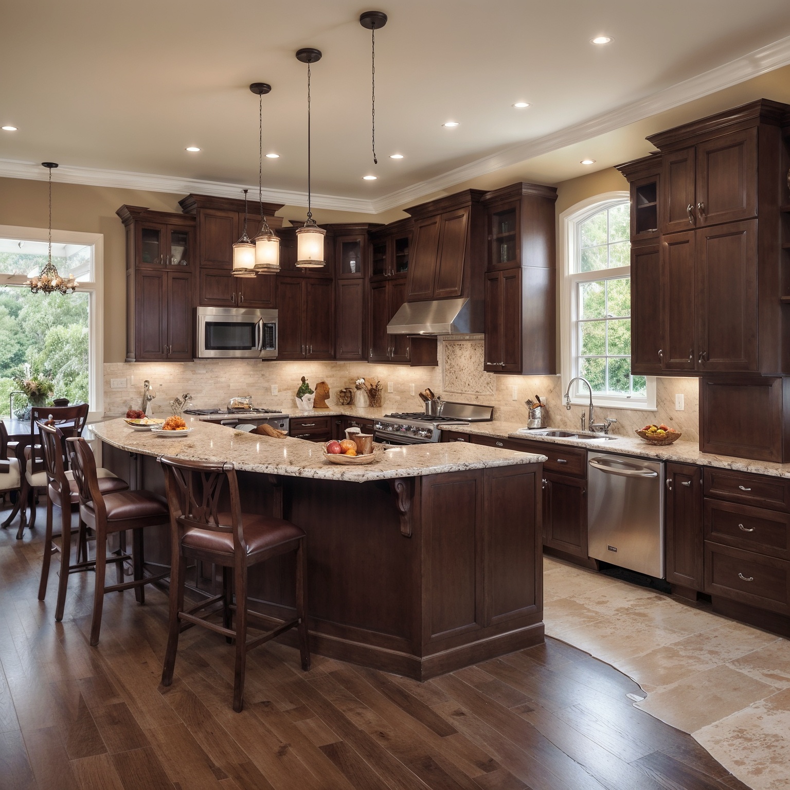 Traditional Kitchen Layout with Dark Wood Cabinetry, Granite Countertops, Peninsula with Breakfast Bar