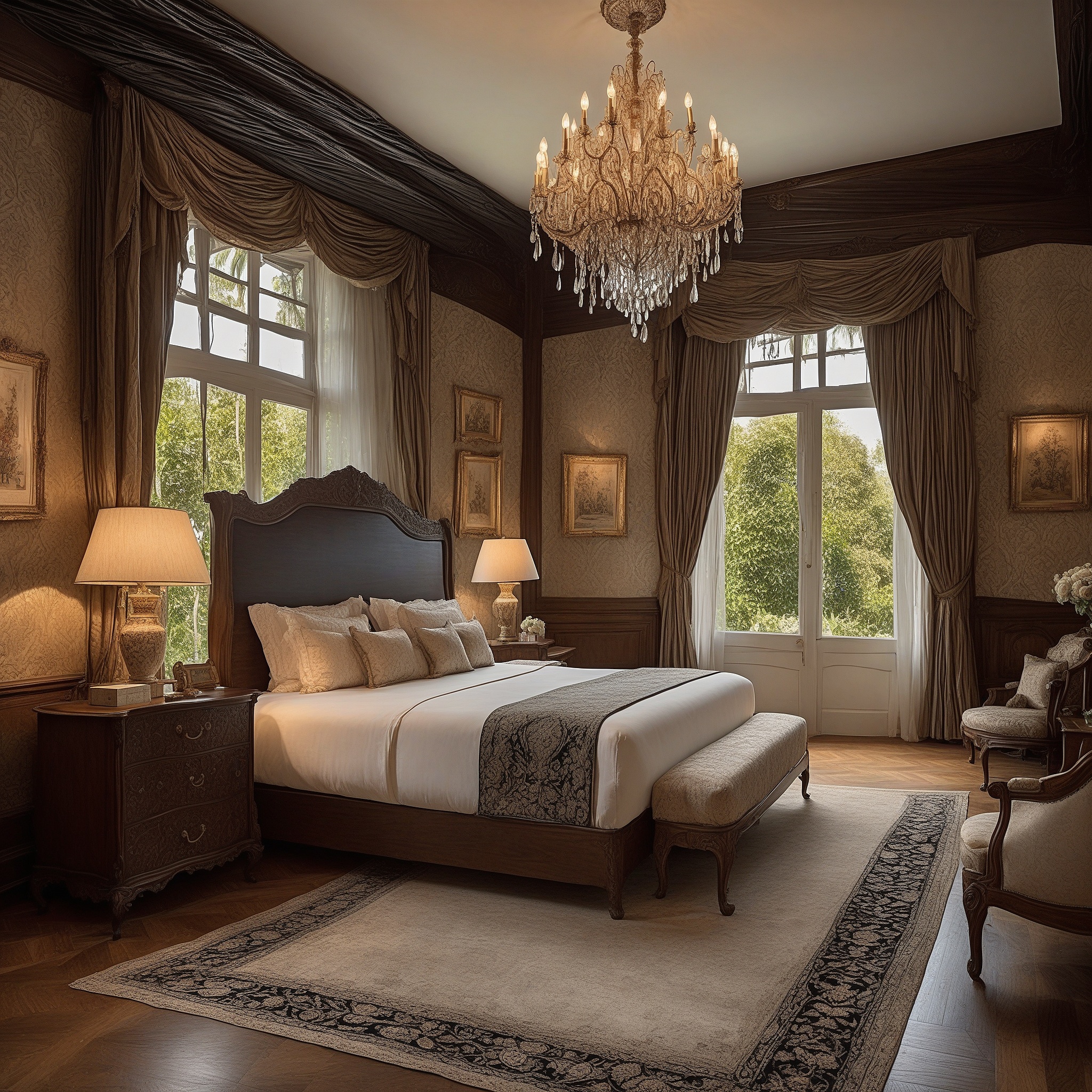 Traditional Master bedroom With Wood Ornate Furniture, Wallpaper and Chandelier