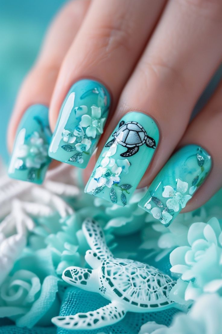 Turquise Blue Flowers and Sea turtle Nails