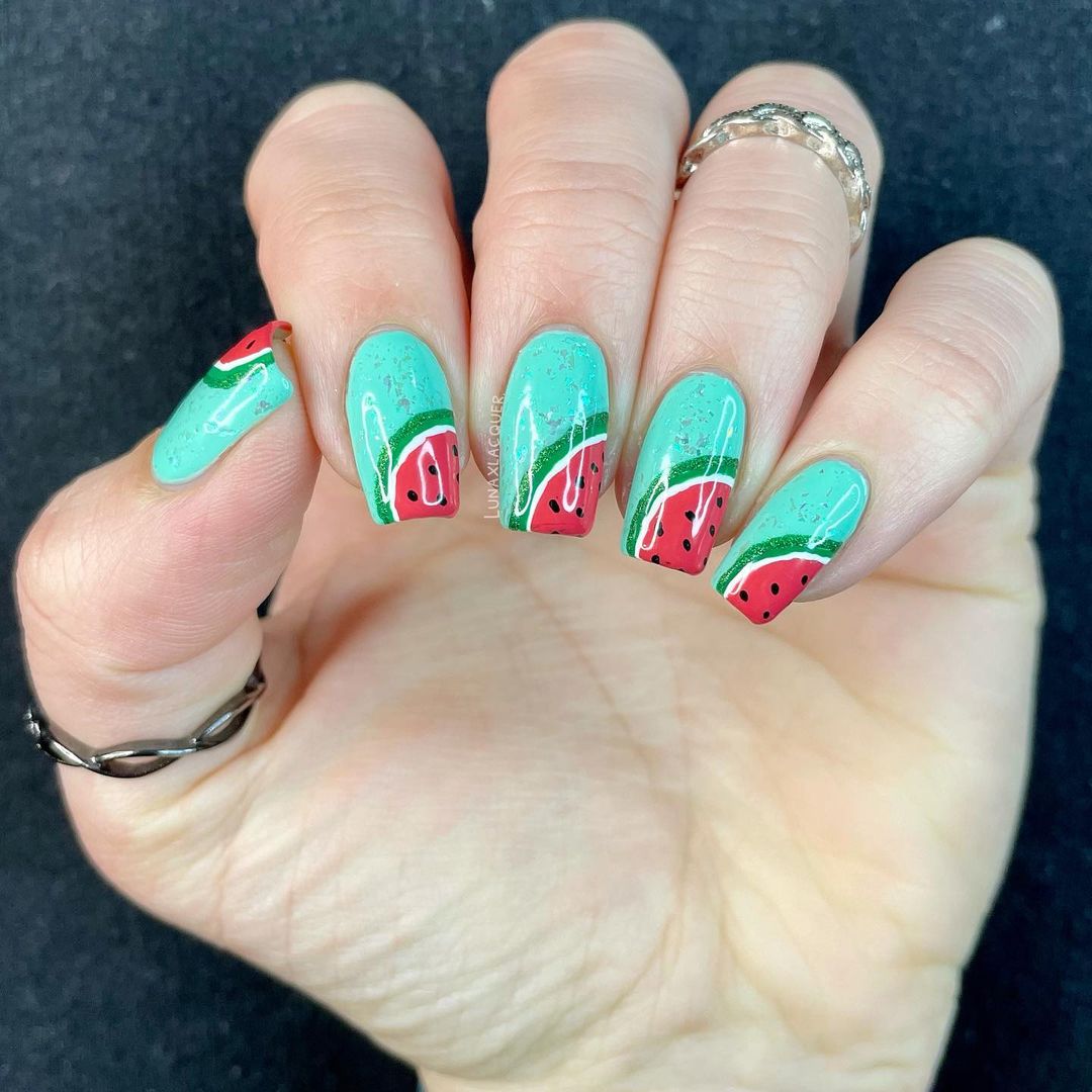 Turquise Nails With Watermelon Wedge Corner