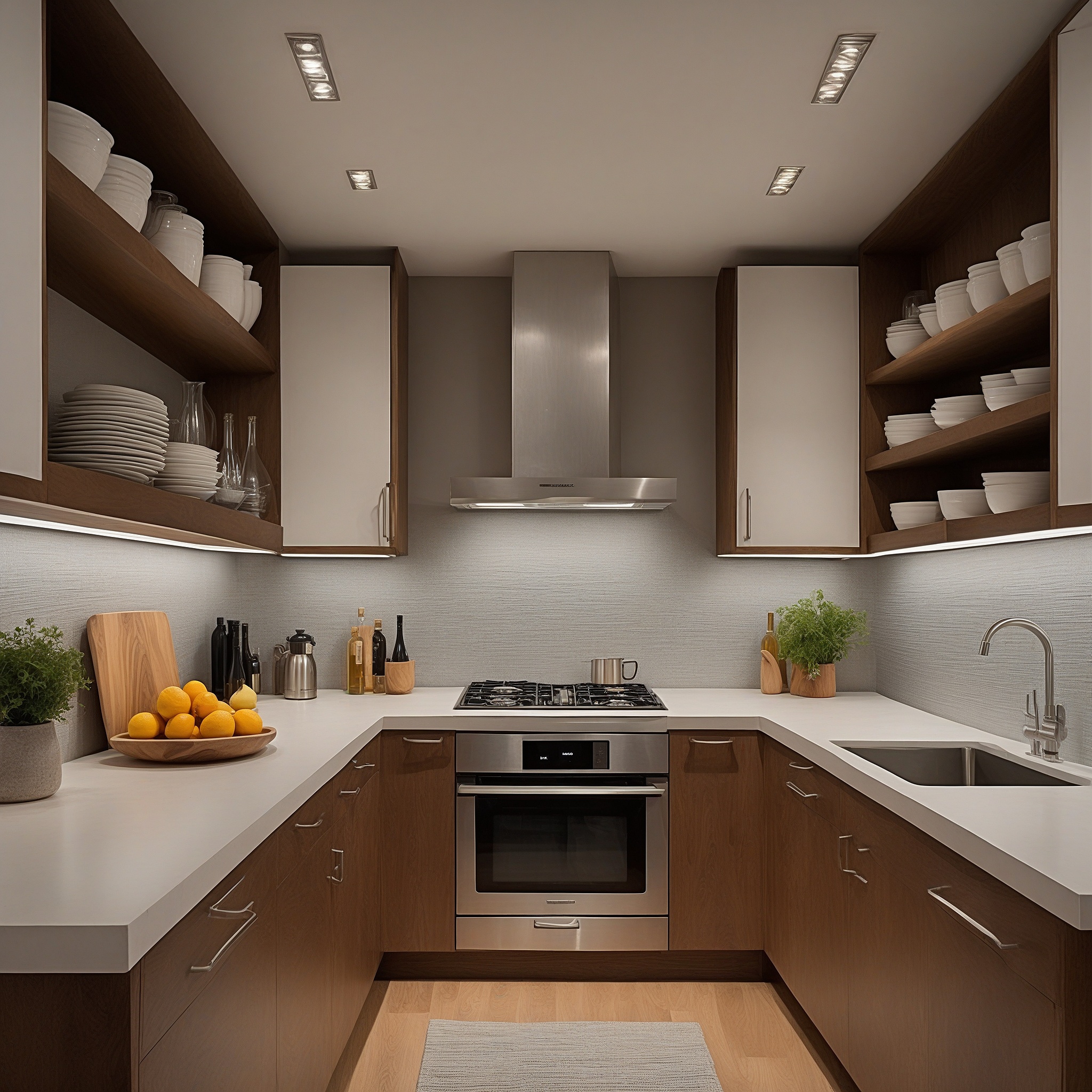 Upper White Cabinets With Wood Veneer Frame With Open Shelving Combo, And Lower Wood Veneer Cabinets