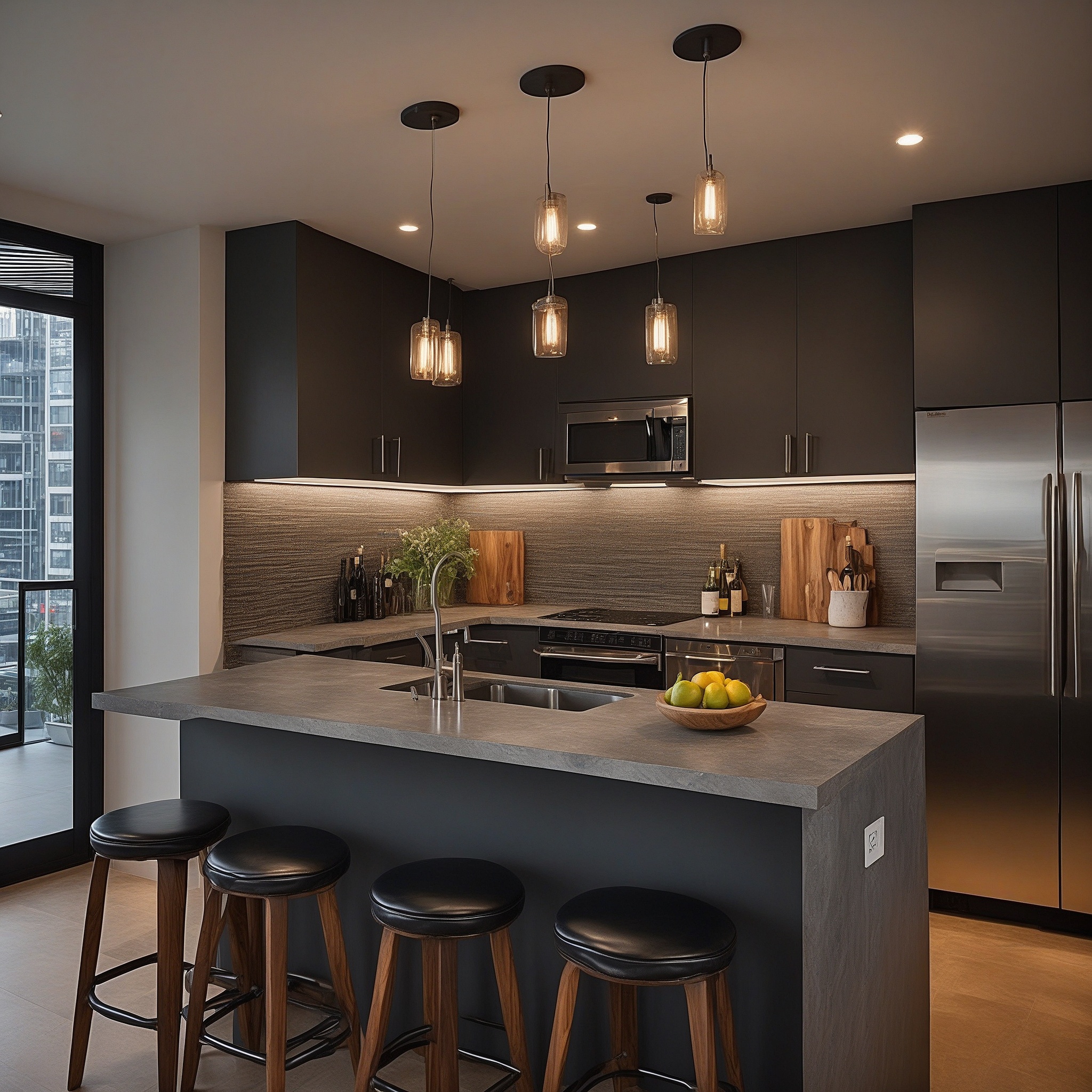 Urban Chic Apartment Kitchen Layout With Dark Cabinetry, And Small Kitchen Island